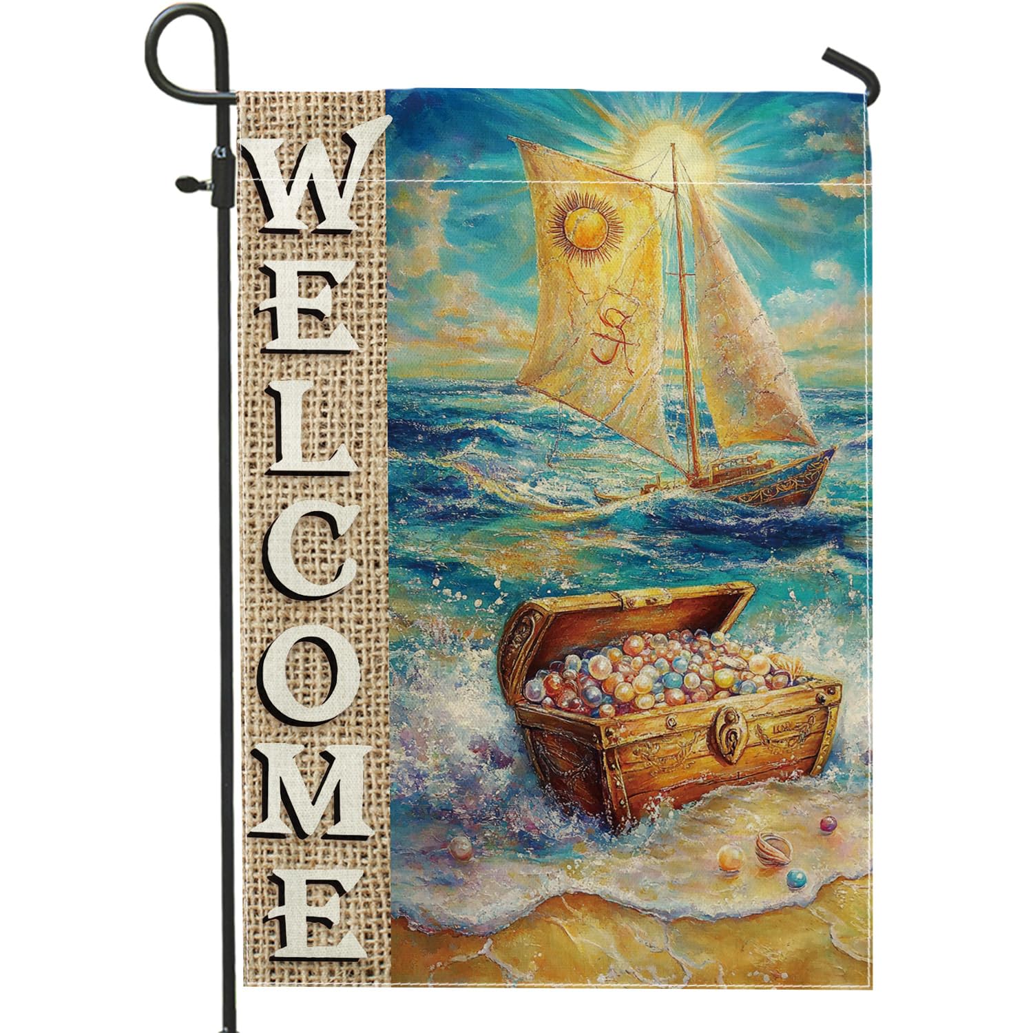 Nautical Sailboat Treasure Chest Garden Flag, Colorful Ocean Scene Home Decor Outdoor Flags, Double Sided Burlap Yard Flag Welcome Sign for Lawn Decoration 12x18 Inch