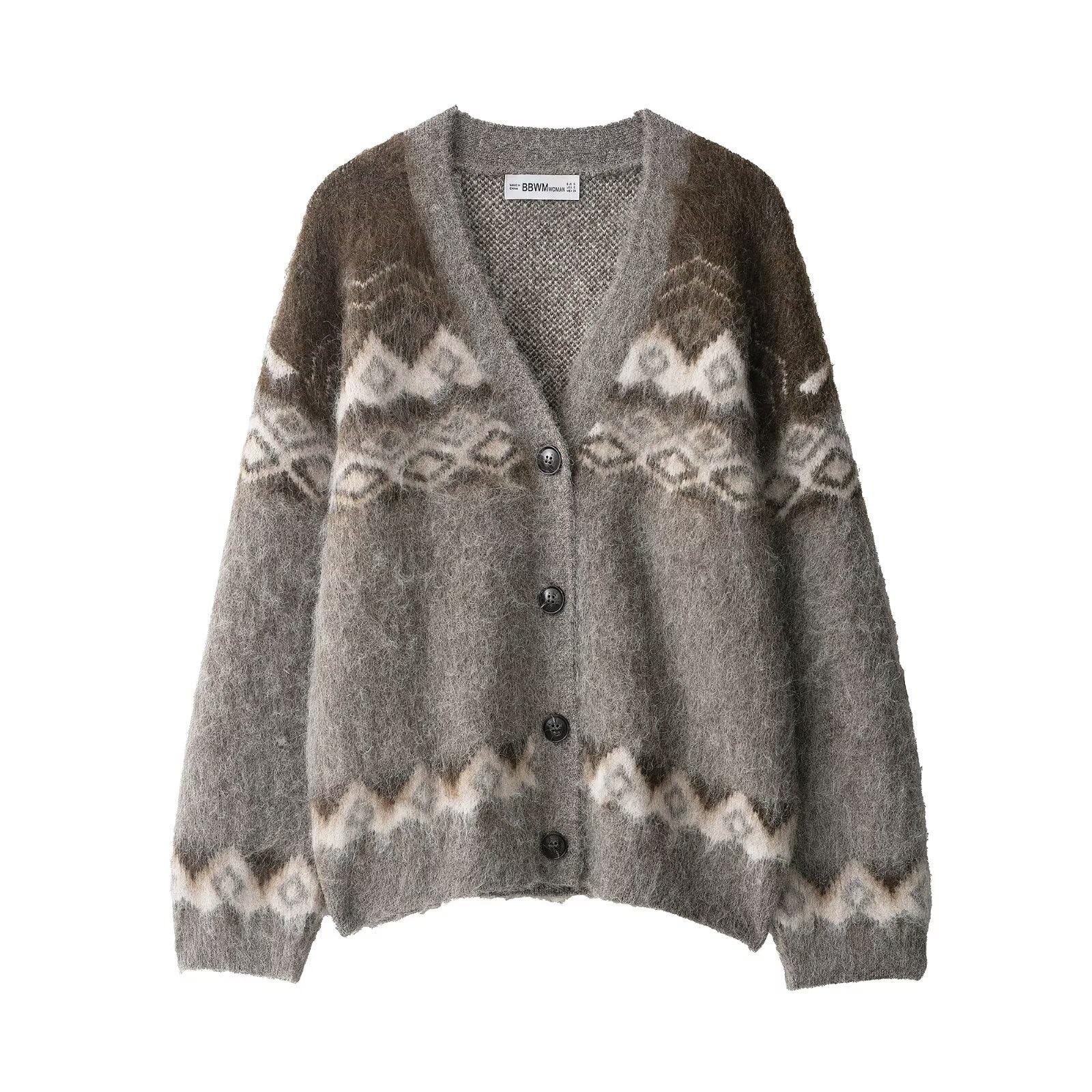 Womens Fall V-Neck Long-Sleeved Jacquard Casual Loose Knitted Cardigan Sweater