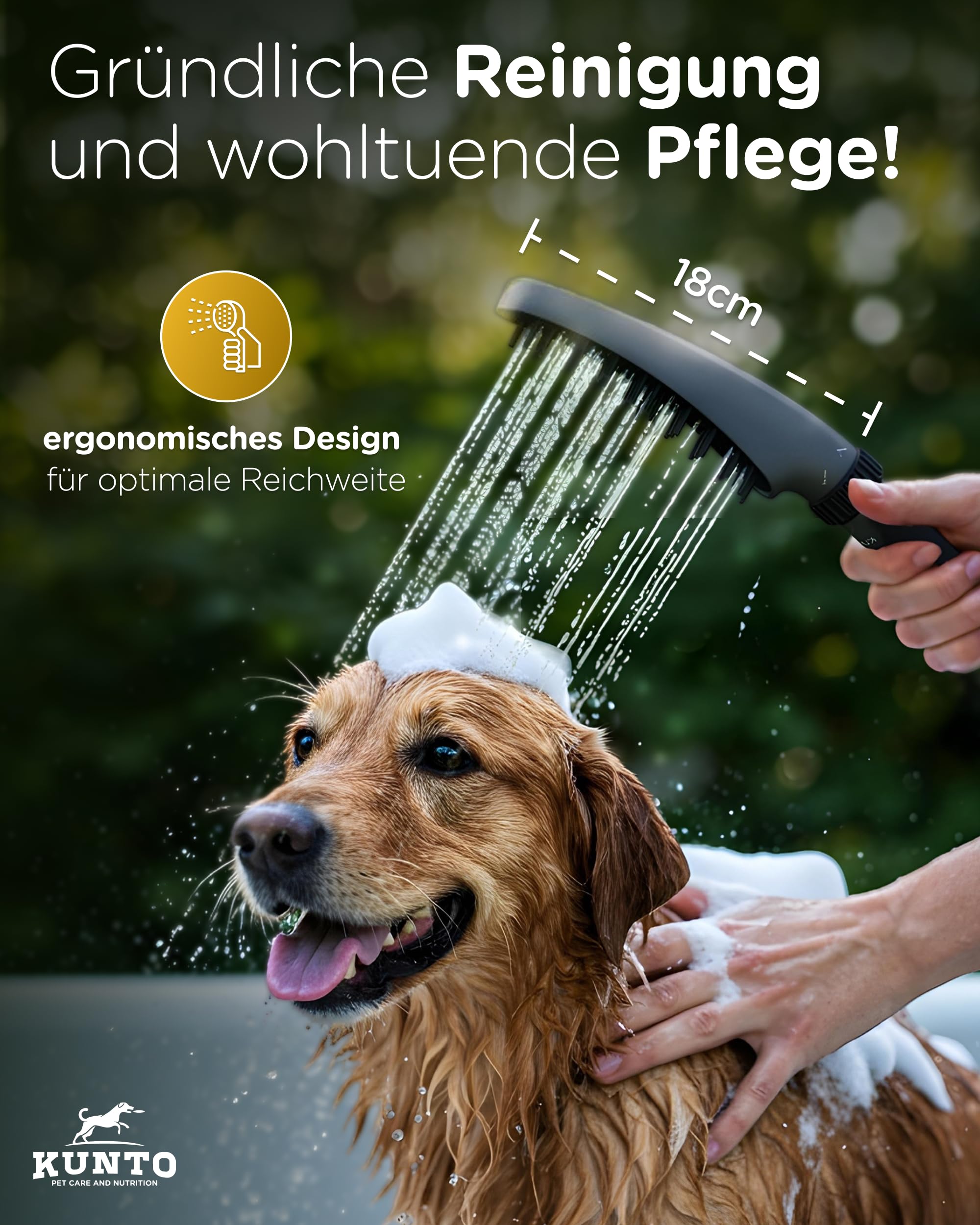KUNTO® Hundebrausekopf inkl. Gartenschlauchadapter & Wasserstop - Hundedusche Duschkopf mit 79 Düsen, 4 Strahlarten & 30 Silikon-Massage-Borsten - Mobile Hunde-Duschbrause für drinnen & draußen