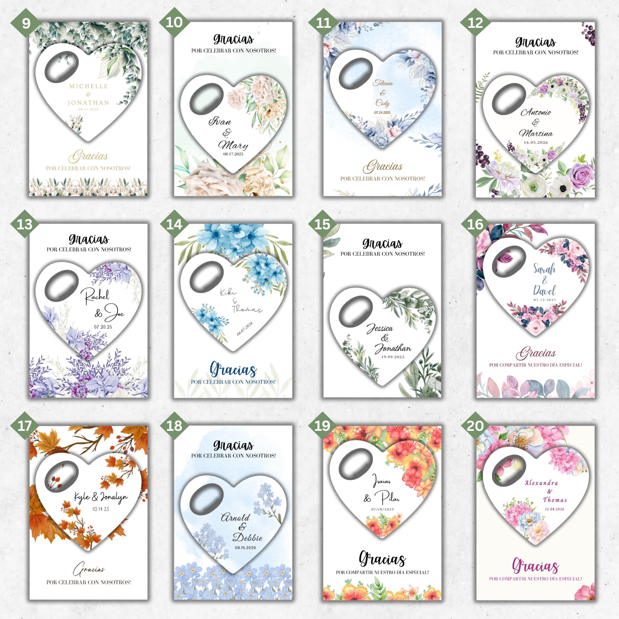 Recuerdo de boda personalizado, Favor de ducha nupcial para la invitada, Recuerdos de boda y abretarjetas con imán de agradecimiento (Pack de 30) (Abrebotellas + Tarjeta de Agradecimiento)