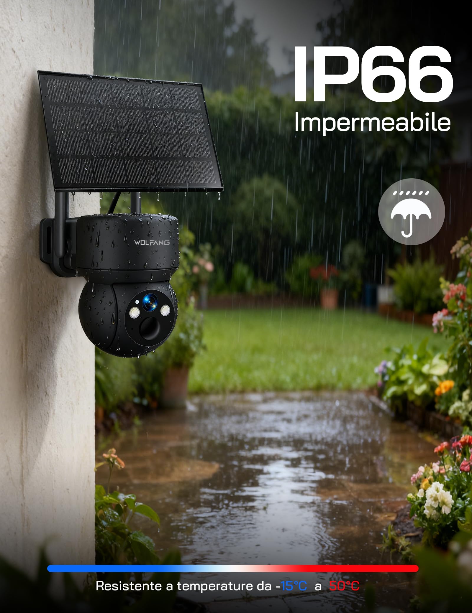 WOLFANG Telecamera Esterno 4G con SIM, Telecamera Esterno 360° PTZ, Visione Notturna a Colori, Rilevazione di Movimento PIR con Allarme, IP66, Audio a 2