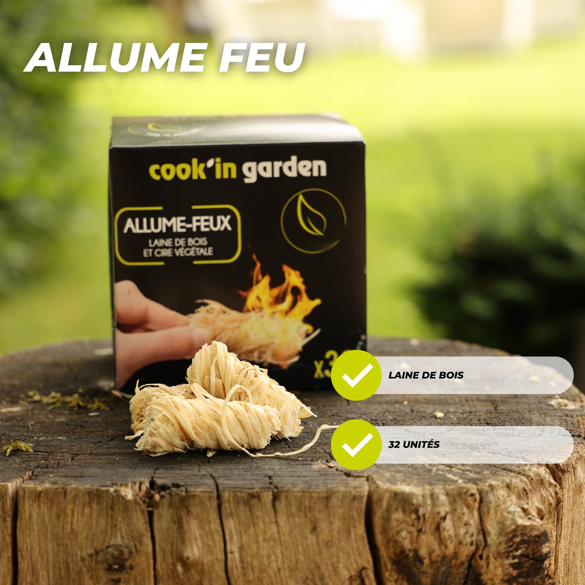 Cook’in Garden Allume-Feu 32 Cubes Laine de Bois FSC® 100% Barbecue Brasero Poêle Cheminée