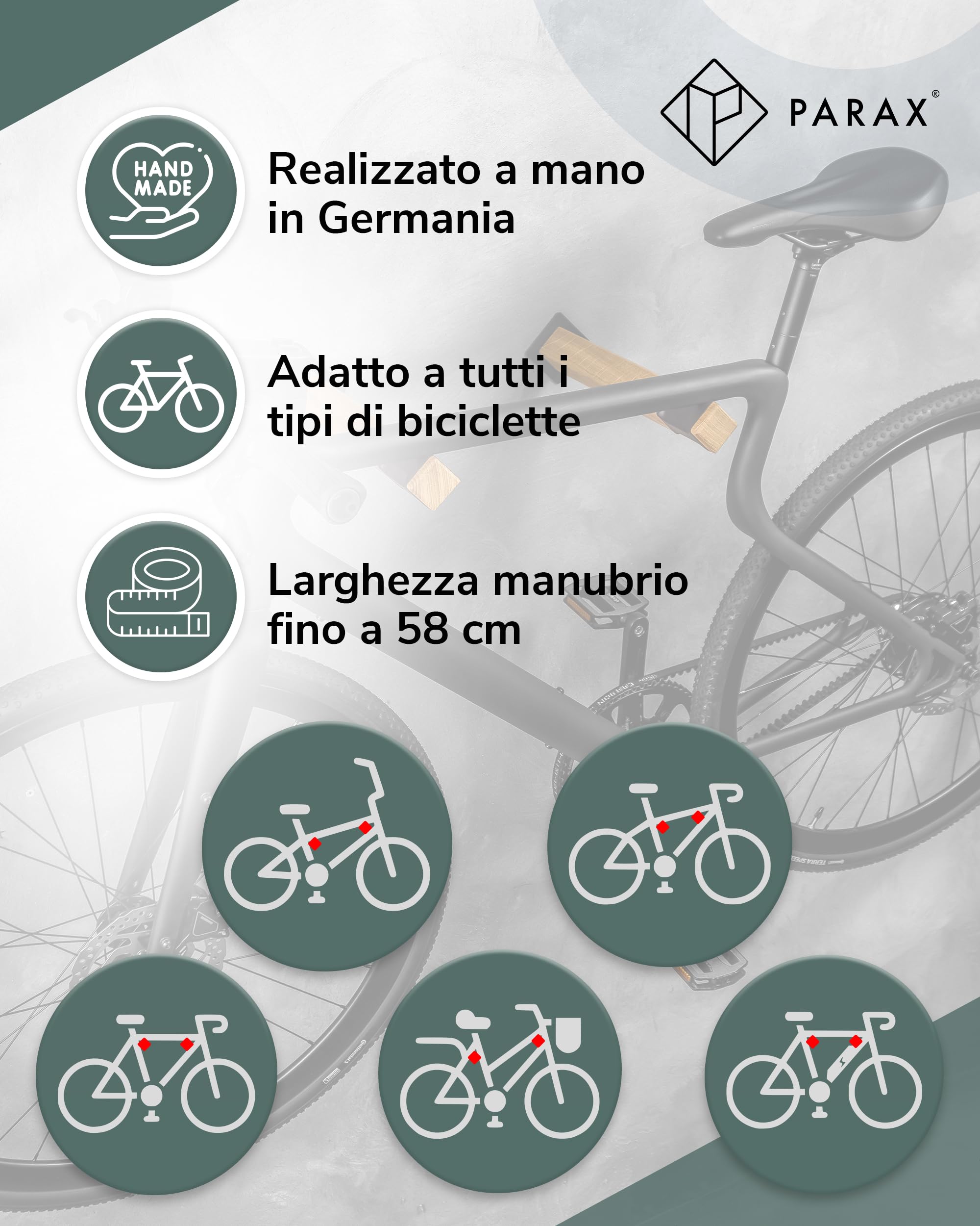 PARAX Supporto da parete per bicicletta, in legno e tubo per bicicletta, bastoncini per portabici fino a 20 kg, per interni e biciclette