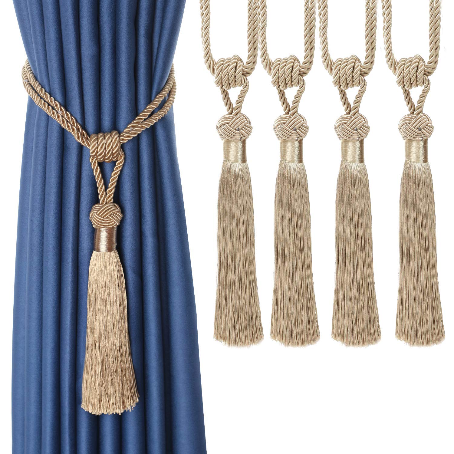 Tassel Curtain Tiebacks， Braided Rope Curtain Tiebacks Decorative Tassels Multicolor 2/4 Pcs(Beige,4pcs)