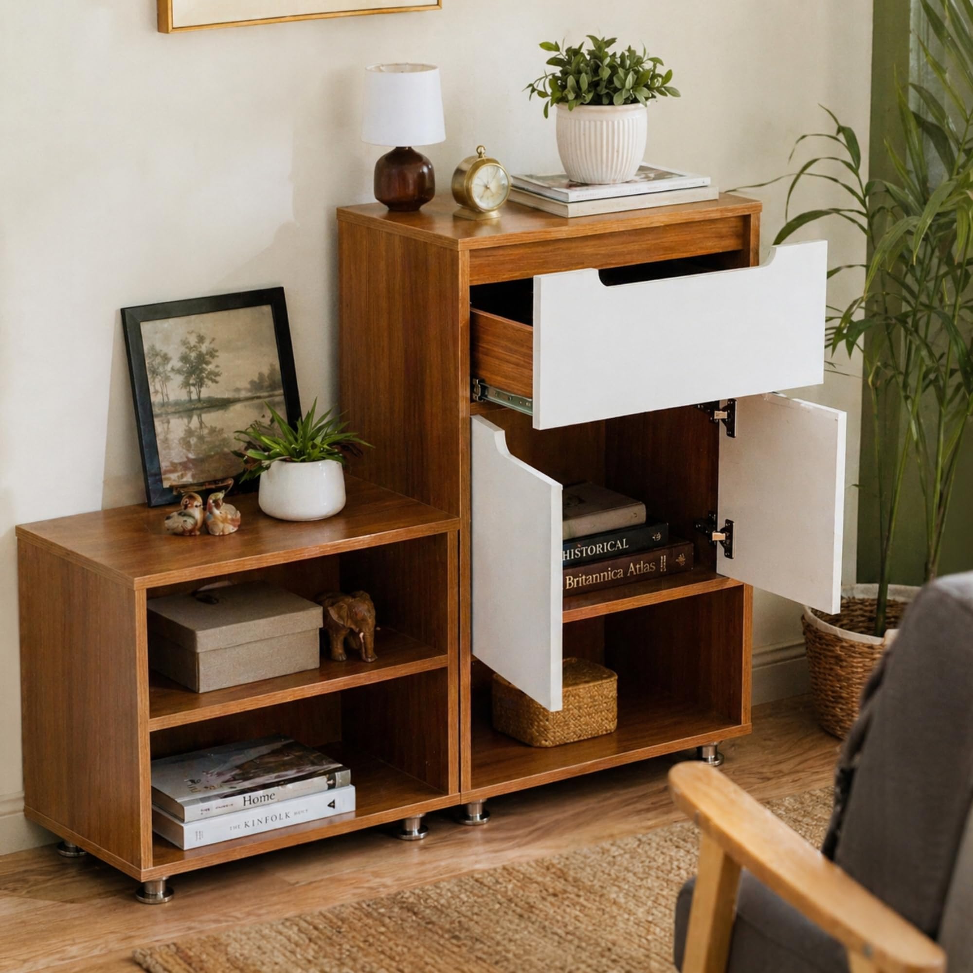 Modern Wooden Storage Cabinet with Drawer and Shelves, Multipurpose Sideboard, Engineered Wood, Brown and White, 1100W x 300D x 900H mm-image-23