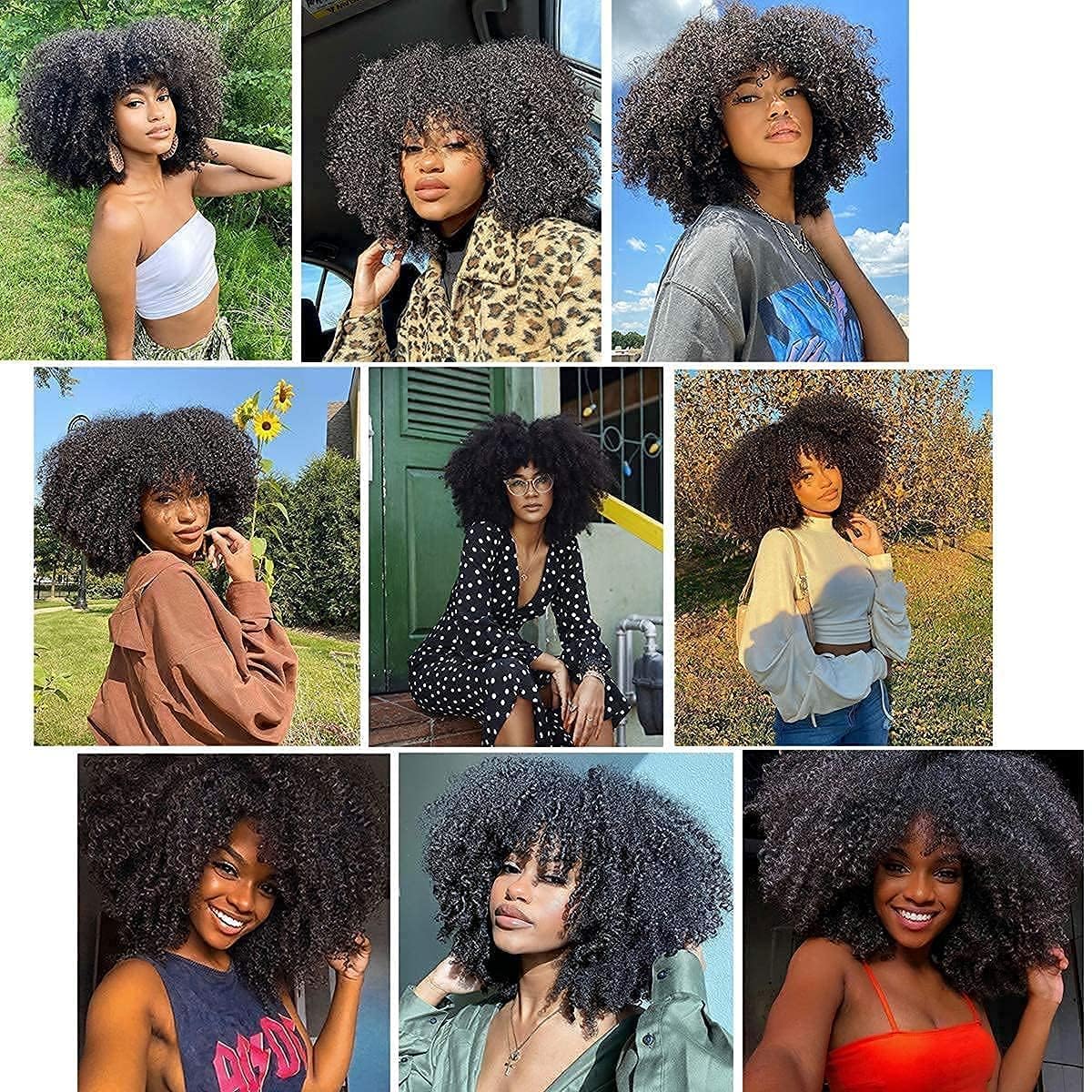 Afro Kinky Curly Human Hair Wig with Bangs for Women None Lace Human Hair Glueless Wig 180% Density Small Curly Human Hair Wigs for Black Women Afro Wig 12 Inch