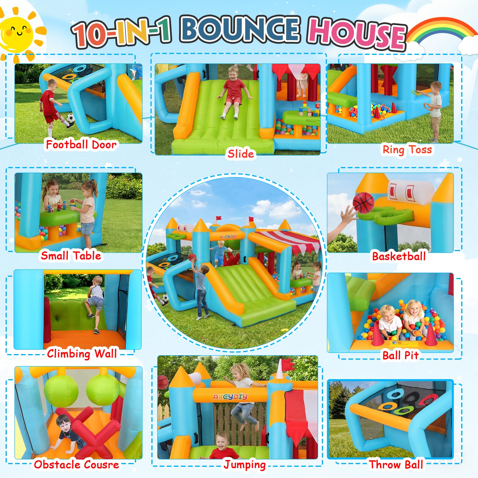 Château Gonflable avec Parcours d'obstacles pour Enfants de 3 à 12 Ans, 3,8 x 3,4 m, pour intérieur et extérieur, avec Toboggan, Piscine à balles, Surface de Saut, Terrain de Football, Panier de