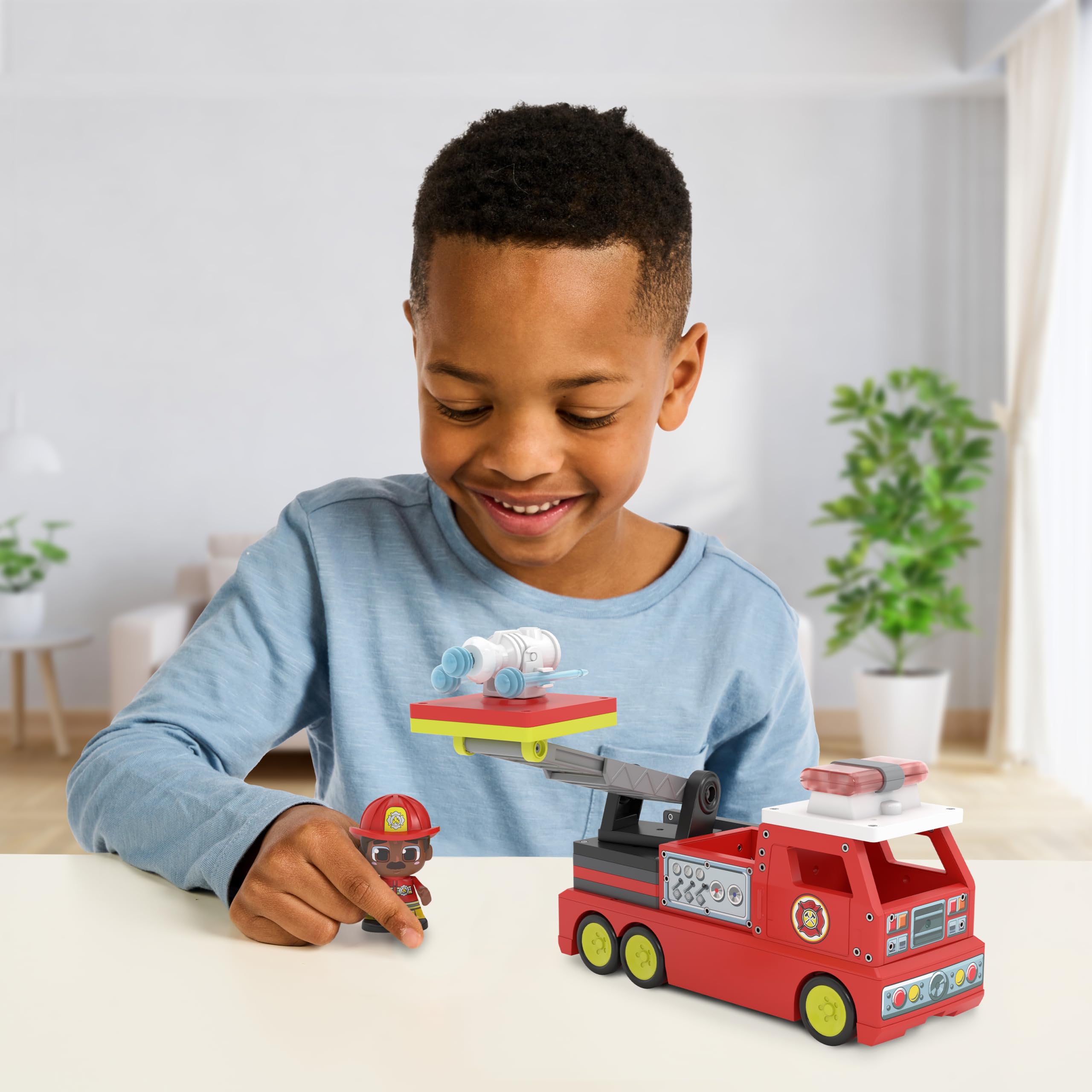 TILE TOWN Firetruck Magnetic Tiles Building Vehicle Playset With Lights & Sounds + Figure, Kids 3-5+ - Image 2