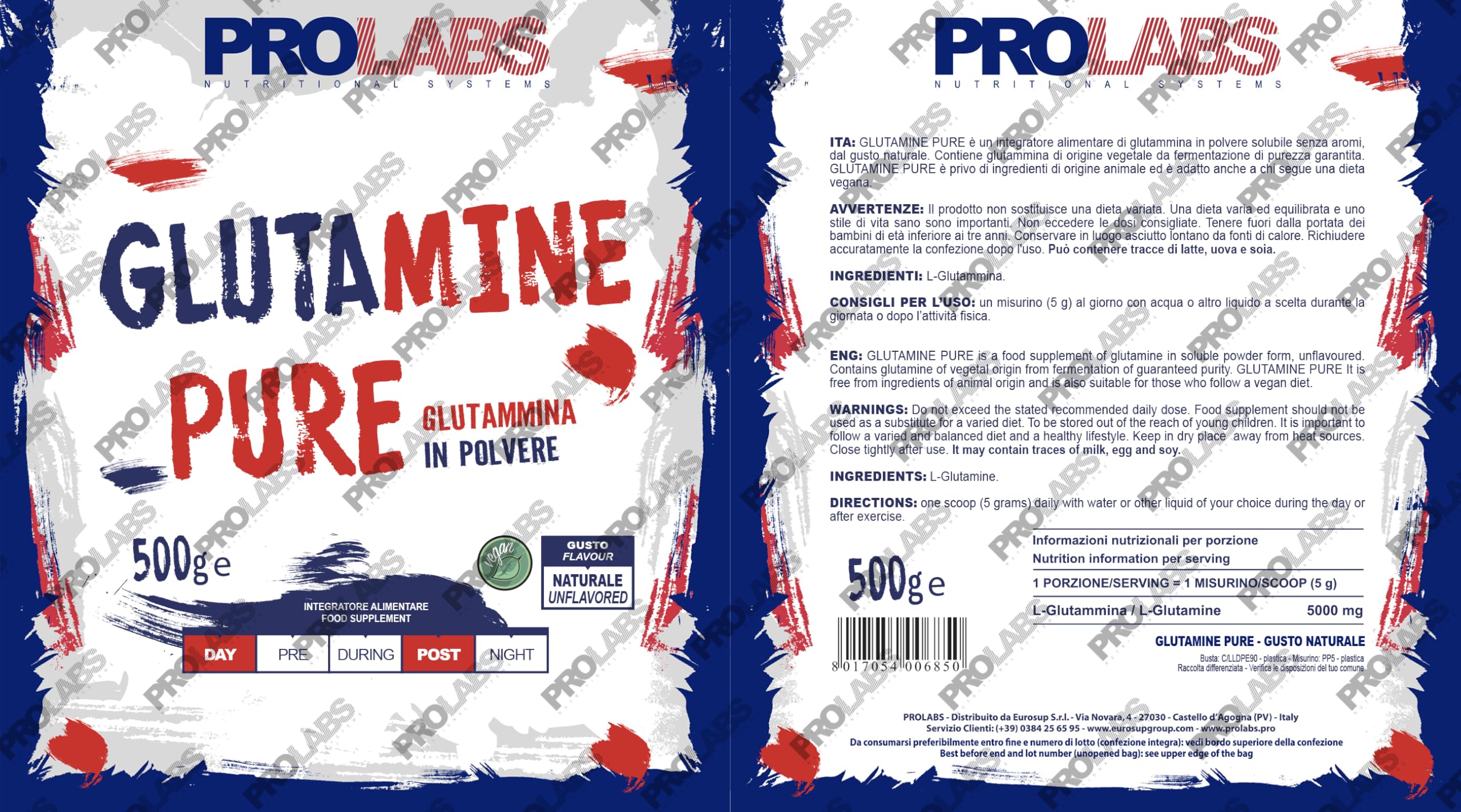 PROLABS – Glutammina in Polvere Solubile GLUTAMINE PURE, Integratore 100% Vegan Purissimo per Recupero, Rigenerazione e Mantenimento Massa Muscolare - Integratori Post Workout, Gusto Neutro, 500gr