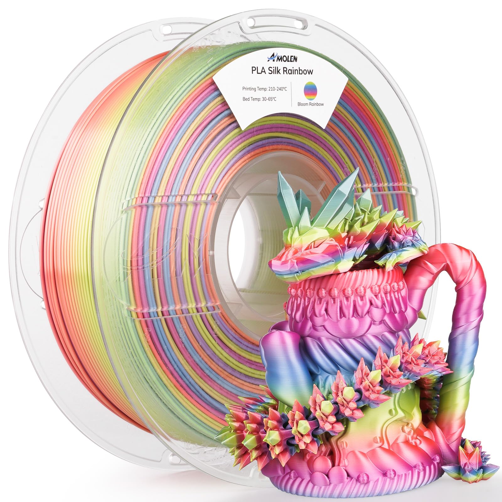 AMOLENSilk PLA 3D Printer Filament, Shiny Multicolor Rainbow PLA Filament 1.75mm, Gradient Color Change PLA 3D Printing Filament for Most FDM 3D Printer, Pink Blue Purple Green Yellow, 1kg (2.2lbs)