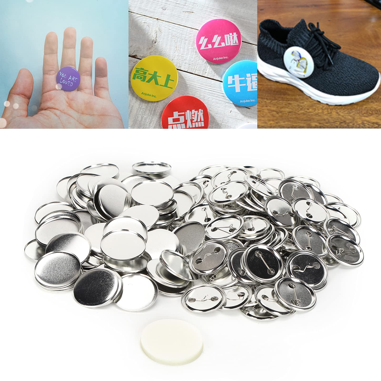 200 sets blanco knop-productie-accessoires, ronde blanke pin buttonspelden, knopdelen, metalen knop, reversspeldenset voor handwerk, geschenken, blik ( zilver, 32 mm