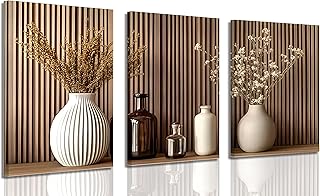 3 Pcs Framed Modern Minimalist Canvas Wall Art Flowers and Vase Paintings Pictures Brown Vertical Wood Grain Background Posters Prints Natural Wabi Sabi Wall Decor for Living Room Bedroom Decoration