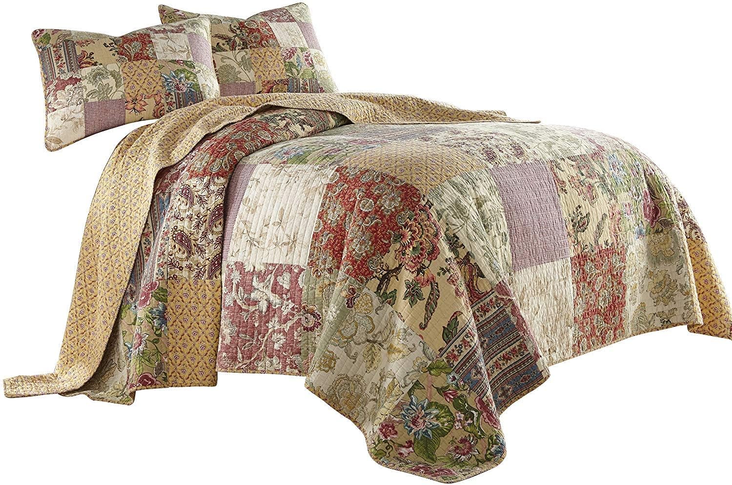 Chezmoi Collection Delaney 3-Piece Floral Patchwork Pre-Washed 100% Cotton Quilt Set, King