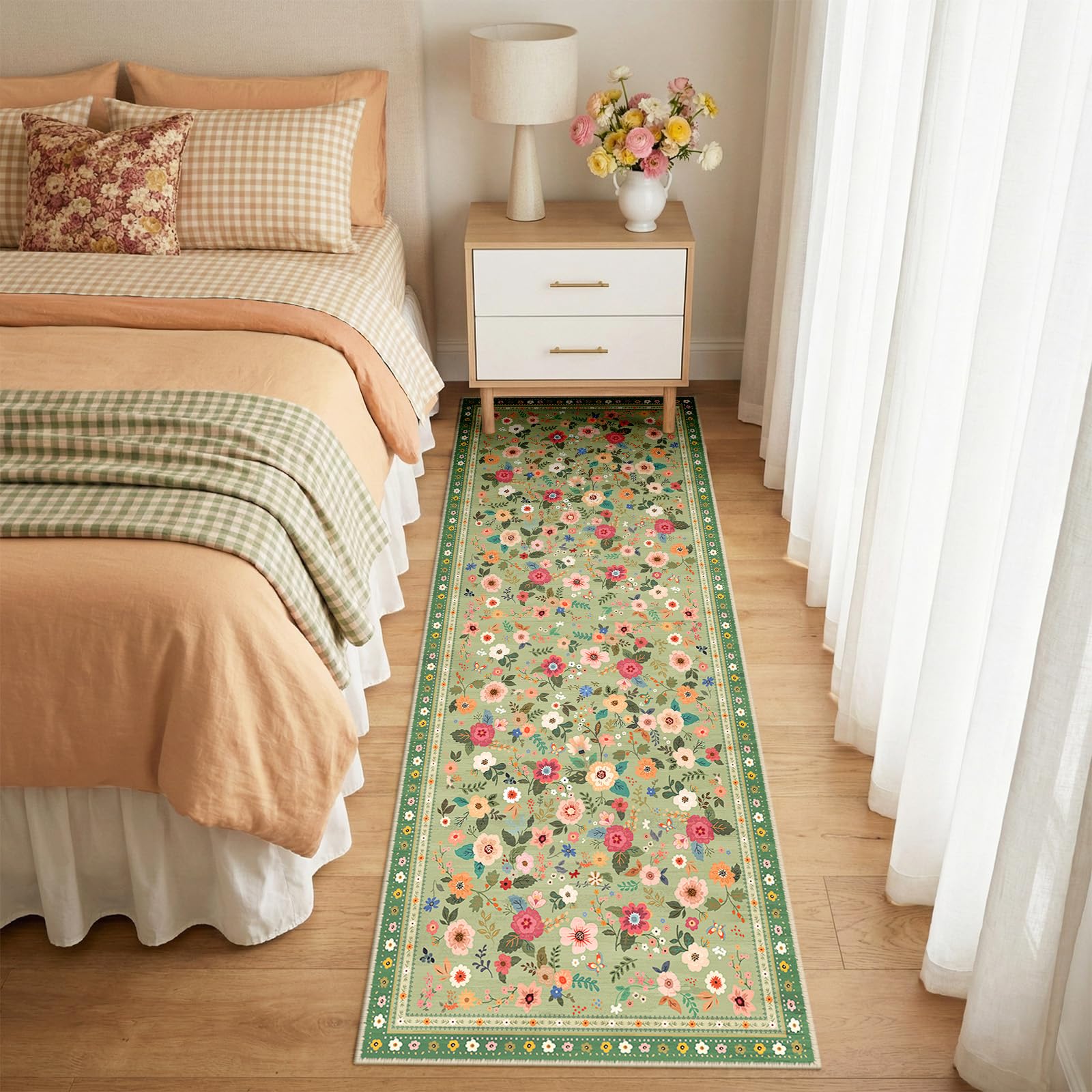 INOVADAY Washable Rug Floral Print 60x180 cm Light Green Hallway Runner Rug