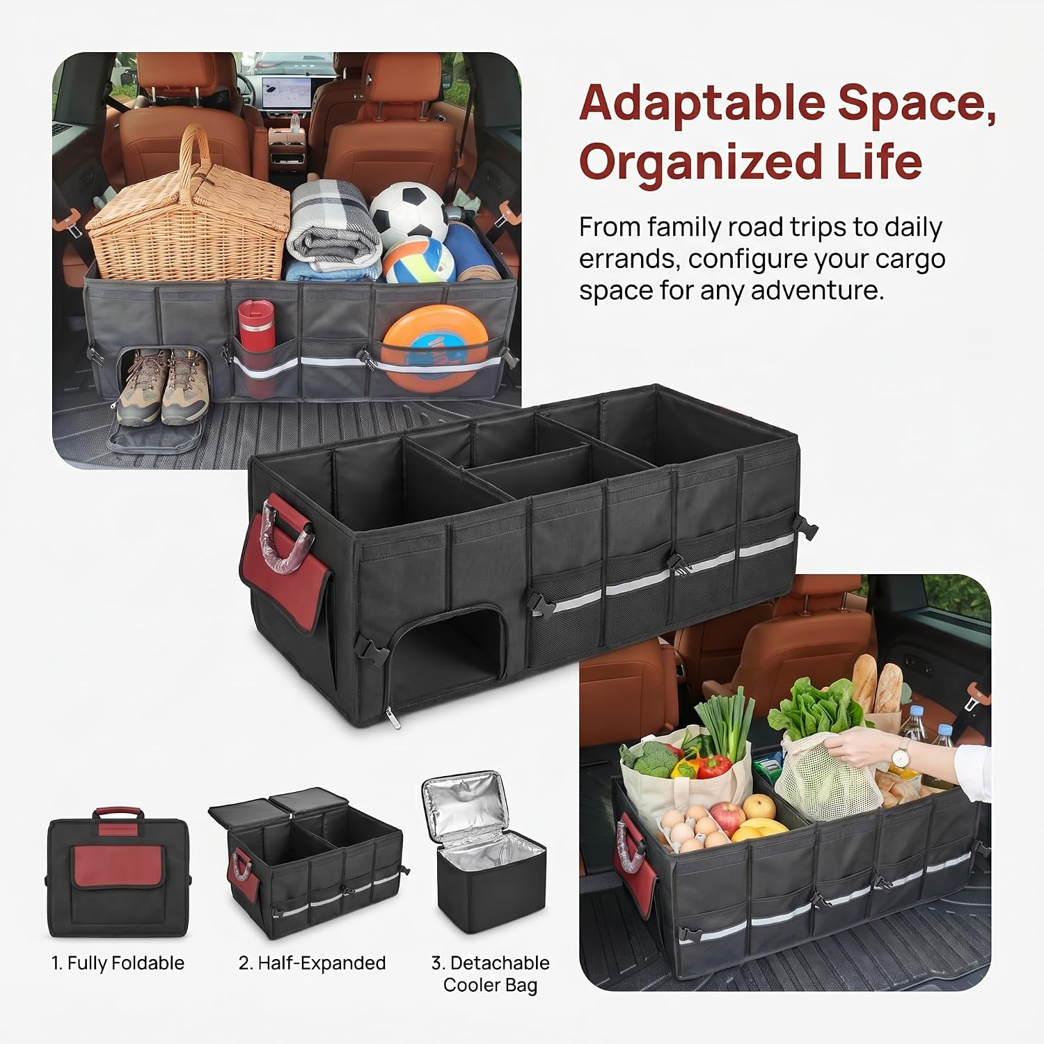 J&J Car Trunk Organizer 112L & Collapsible Cooler Bag 31.5L, 1680D Premium Durable Adjustable Storage for Road Trip Essentials, Car Accessories for Men & Women, SUV, Truck (Extra Large)
