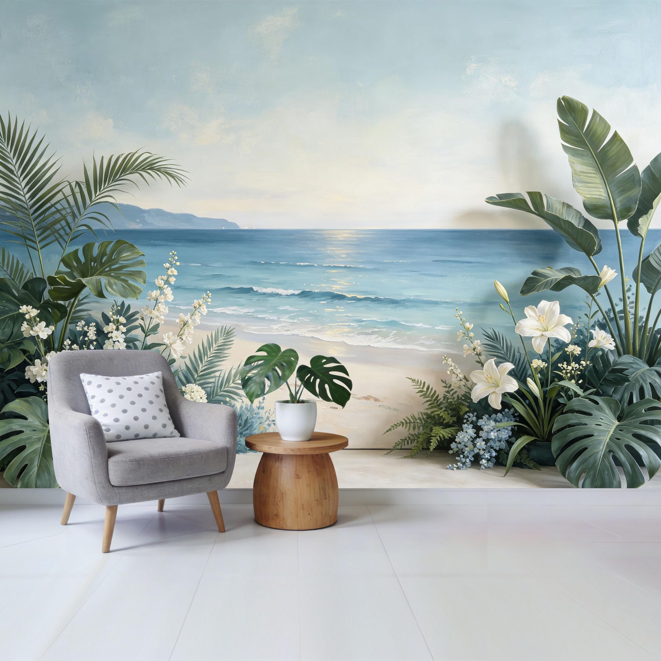 Qzlithotic Yq2605250859 Custom Size Wall Mural Coastal Beach Tropical Botanical Scenery Watercolor Oil Painting Selfadhesive Wall Fabric Removable Wallpaper For Home Office Decor