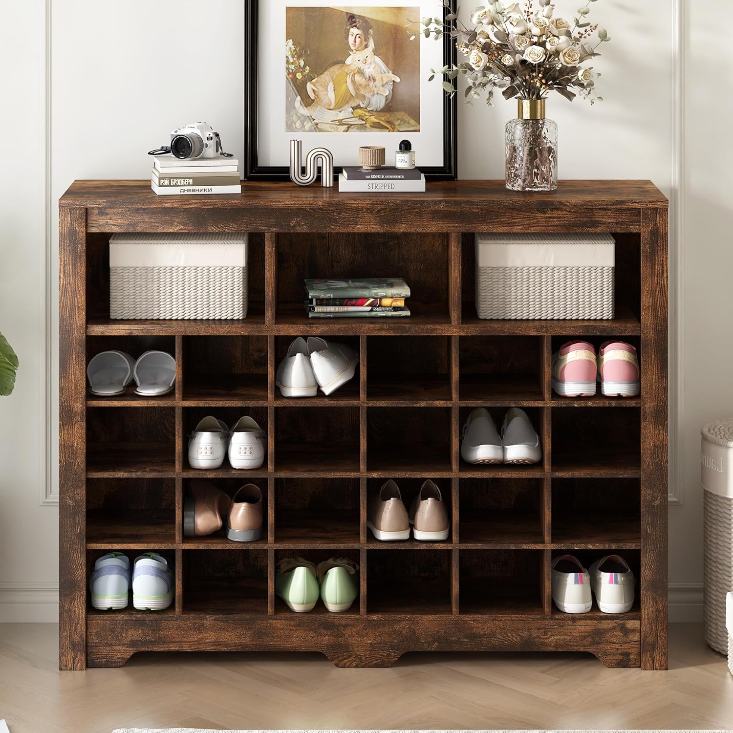 Harper & Bright Designs Sleek Design 24 Shoe Cubby Console, Modern Shoe Cabinet with Curved Base, Versatile Sideboard for Hallway, Bedroom, Living Room, Rustic Brown