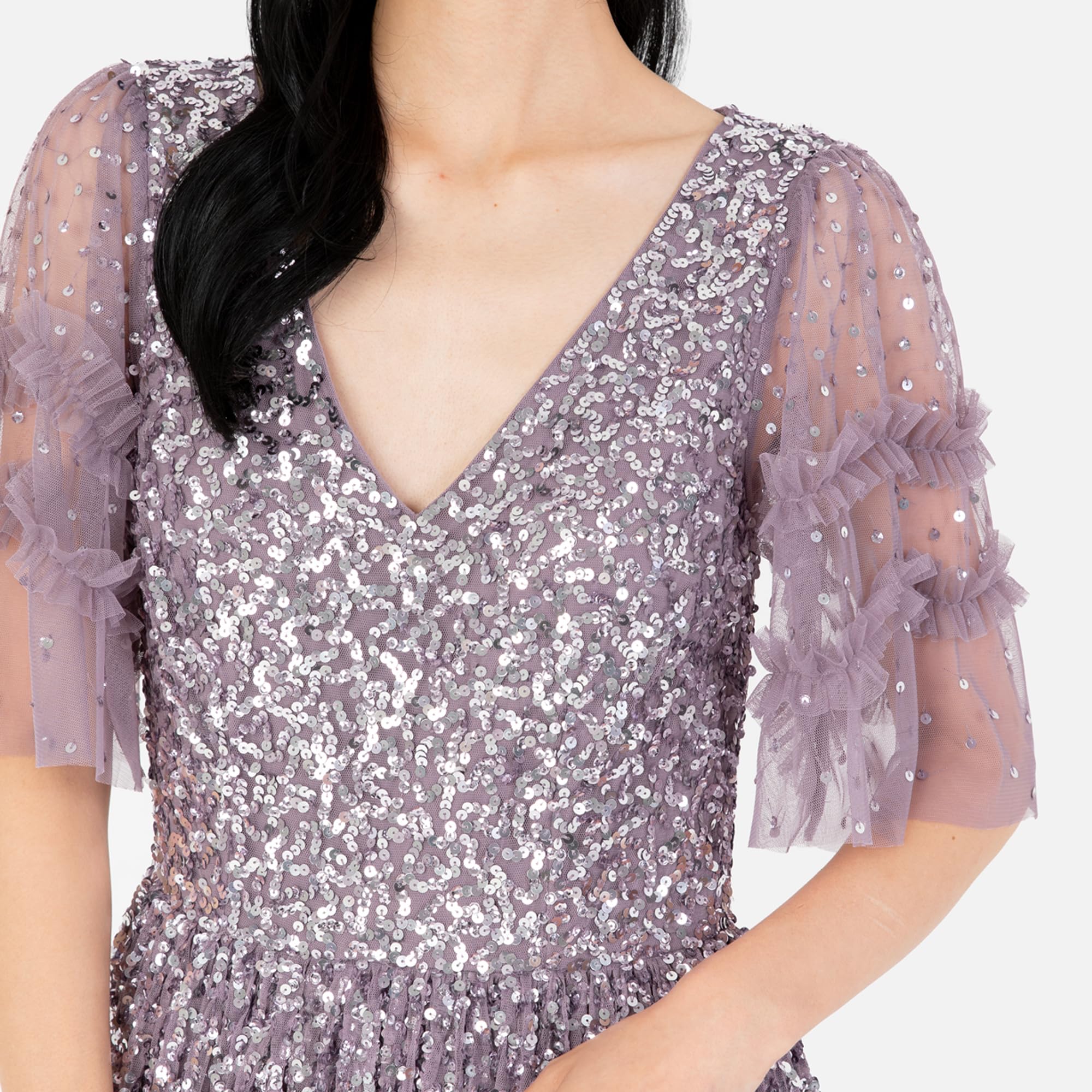 Maya Deluxe Women's Maxi Dress Ladies V-Neck Sequin Embellished Ruffle Detail for Wedding Guest Bridesmaid Prom Occasion Ball Gown