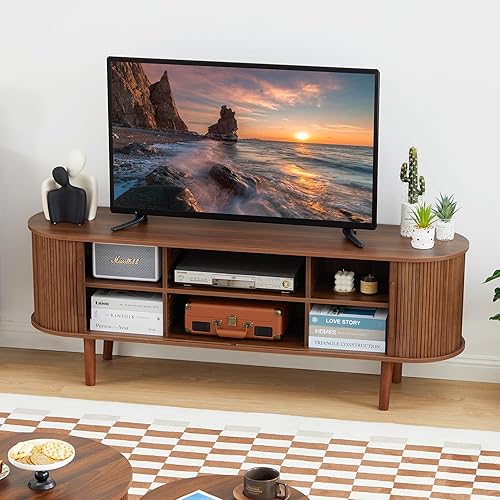 Miniatura 60 de Soporte de TV, mesa consola multimedia con puerta corredera y compartimento de almacenamiento, centro de entretenimiento moderno con almacenamiento