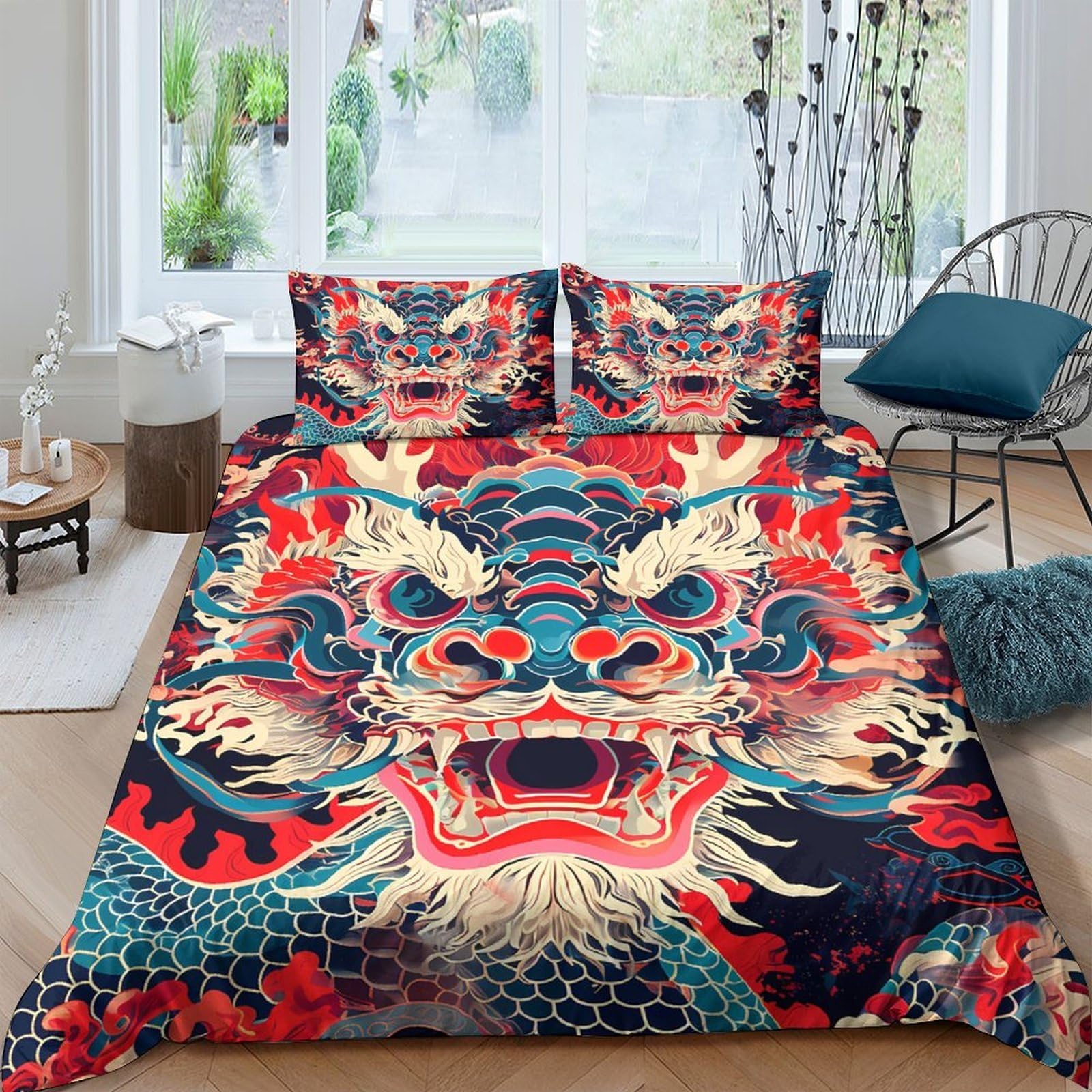 P5V6M1Q9 3D Printed Asian Dragon Duvet Cover Microfiber Soft Breathable Fire Blue Bedding Set with 2 Pillowcases for Bedroom Decor Single（135x200cm）