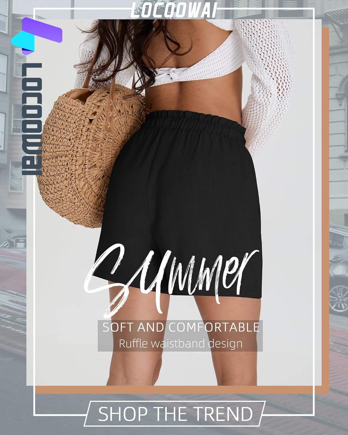 Women's Linen Casual Shorts High Waist Drawstring Elastic Ruffle Waist Loose Summer Short with Pockets - Image 6