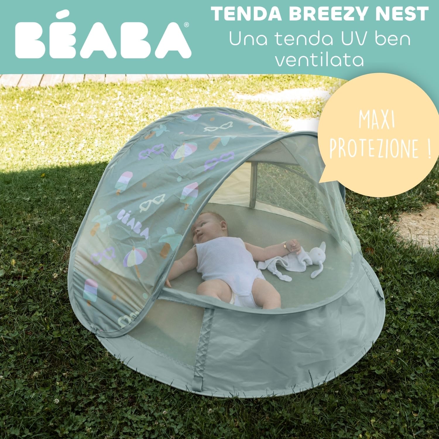 BÉABA, Tenda Da Spiaggia Per Bambini 2 In 1, Da 0 A 24 Mesi, Protezione Solare Massima UPF50+, Filtraggio UV, Ventilazione 360°, Zanzariera, Sistema Pop-Up, Borsa Da Trasporto, Breezynest, Cachi