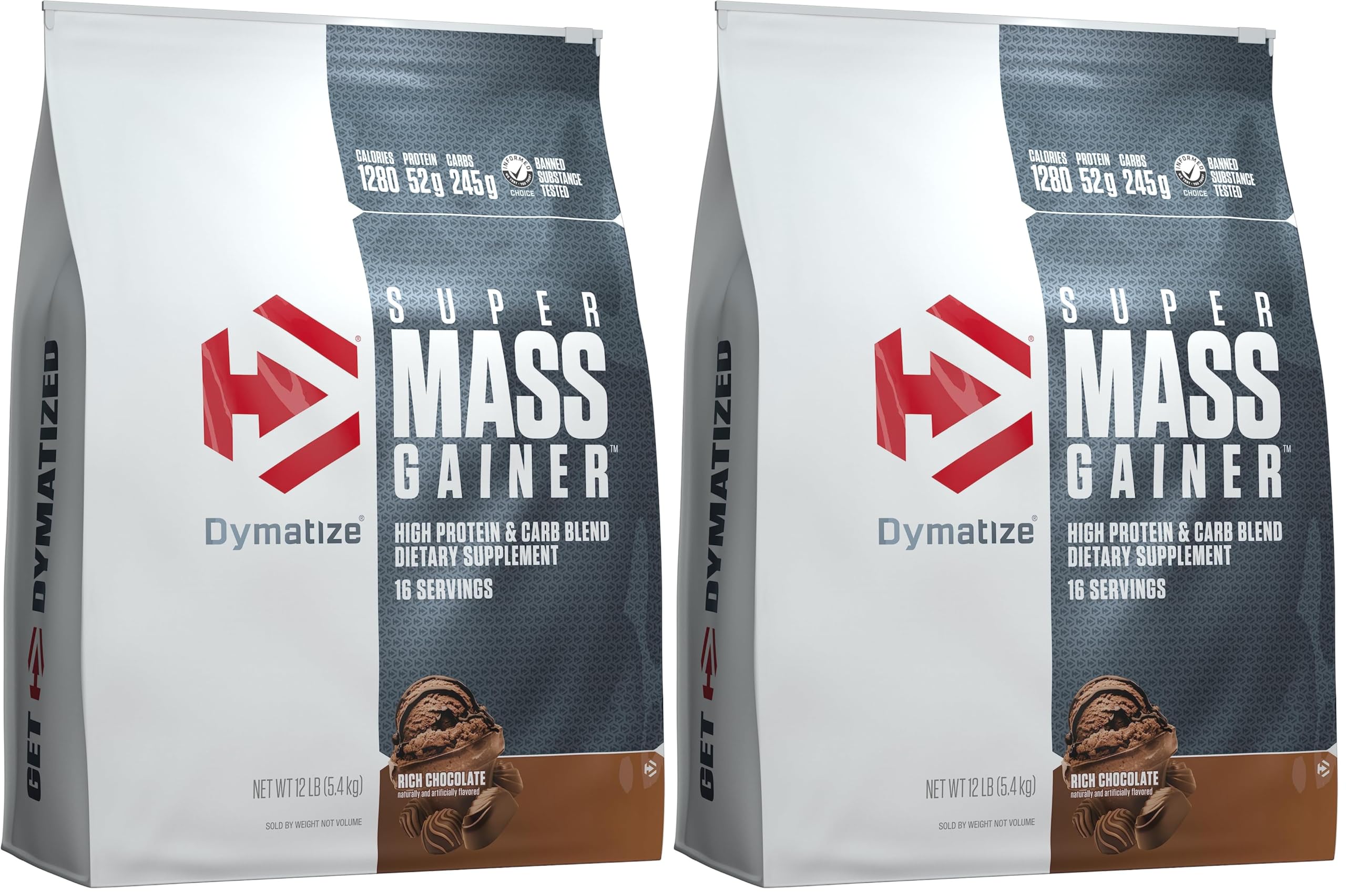 Dymatize Super Mass Gainer Protein Powder, Rich Chocolate, 52g Protein, 1g Creatine, 1280 Calories, 10.7g BCAAs, 245g Carbs, Contains Whey_Protein Powder, Isolate, and Casein (16 Servings) (Pack of 2) Rich Chocolate 12 Pound (Pack of 2)