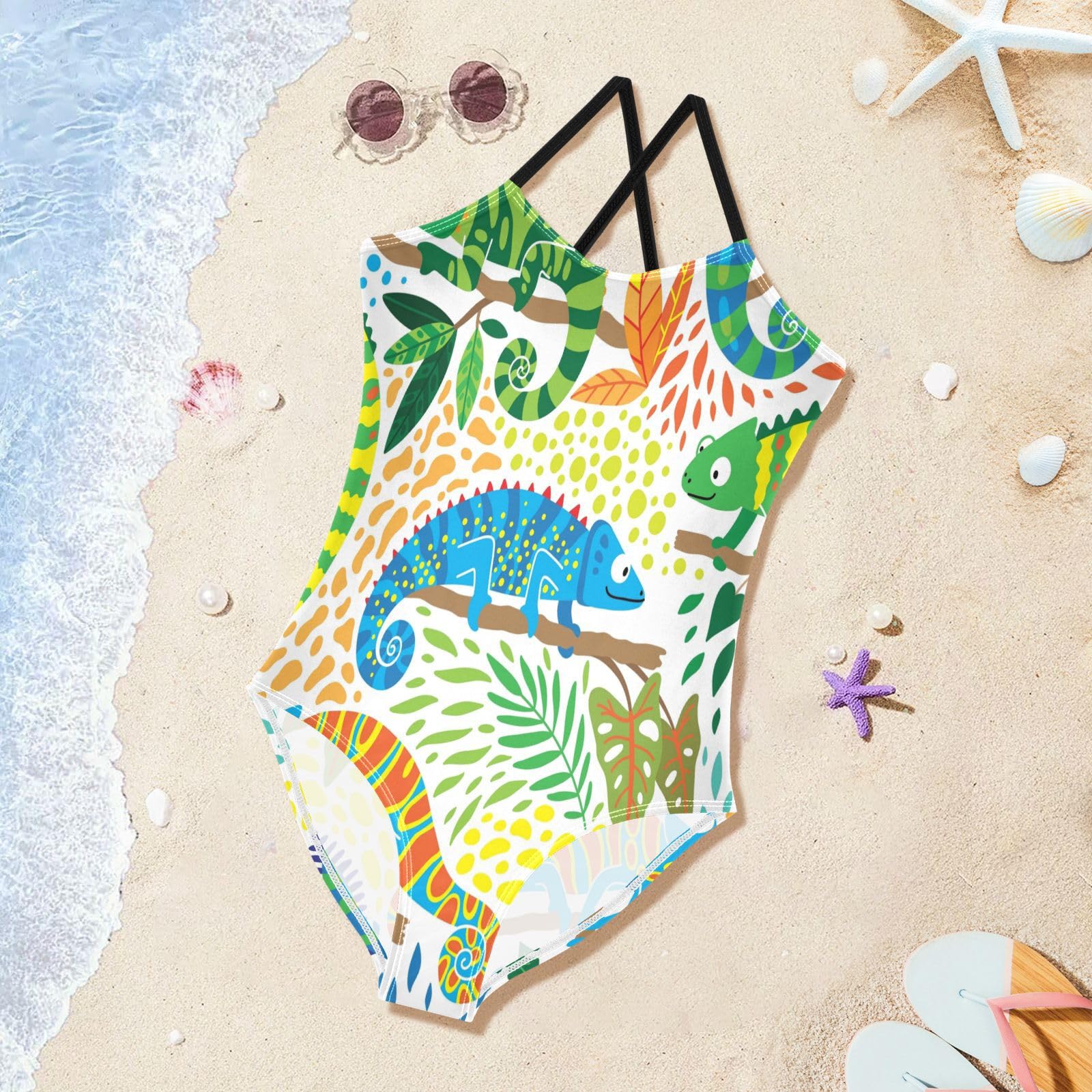Tropical Chameleon Plants Girls One Piece Swimsuit Beach Swimwear Quick Dry Kids Bathing Suits 5-6T