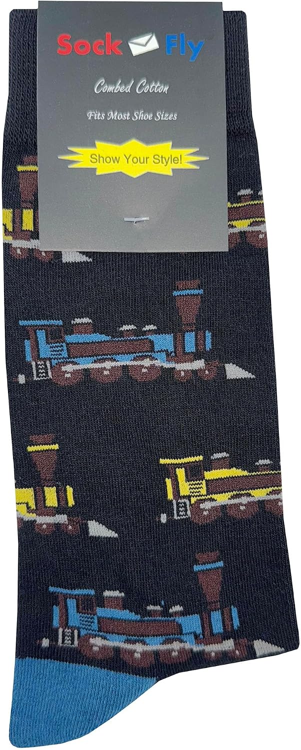 Steam Engine Train Dress Socks Funny Novelty Crazy Fun Design Men Size 8-12 Cotton Casual Crew Colorful Funky Fancy Socks Gift for Men