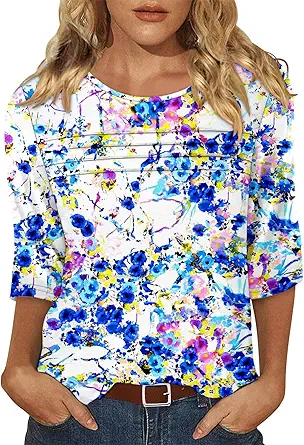 KISSMODA Women's Casual 3/4 Sleeve T-Shirts Round Neck Cute Tunic Tops Basic/Pleated Summer Tops Trendy Spring Blouses