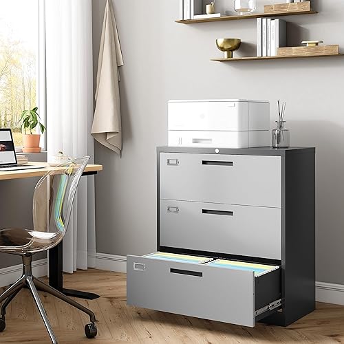 Miniatura 2 de Archivador lateral de 3 cajones con cerradura, archivador de metal, archivadores anchos de acero con mecanismo antiinclinación para oficina en