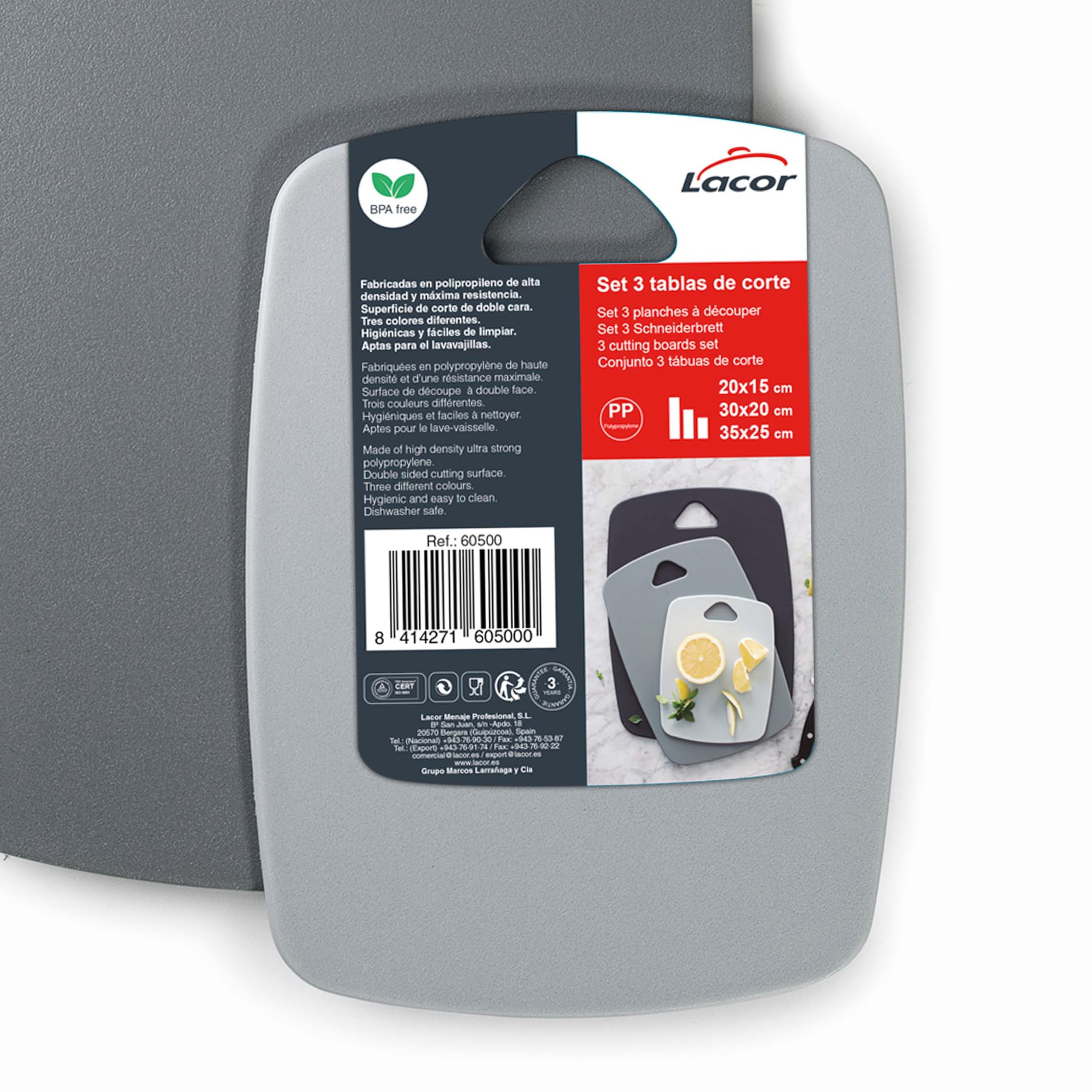 Lacor - 60500 - Set 3 Tablas de Corte a Doble Cara, Polipropileno, Libre de BPA, Ligeras, Resistentes, Aptas para Lavavajillas, Antibacterianas, Higiénicas, 20x15, 30x20 y 35x25 cm