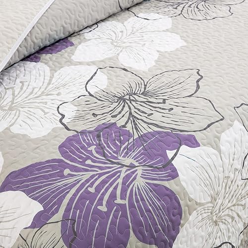 Miniatura 4 de DJY Juego de edredón cubrecama de 3 piezas California King con patrón floral morado, elegante colcha de lirio con 2 fundas de almohada, juego de