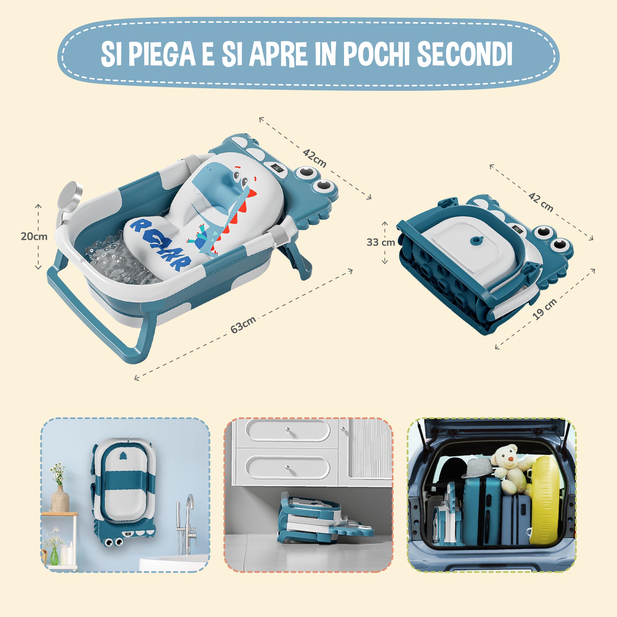 SUPERBE BEBE Vaschetta Pieghevole Con Cuscino Da Bagno E Termometro Incorporato-Vaschetta Per Bambini Con Supporto Da Bagno Gratuito-Regalo Di Nascita Ideale Per Bambine O Bambini-Dalla Nascita