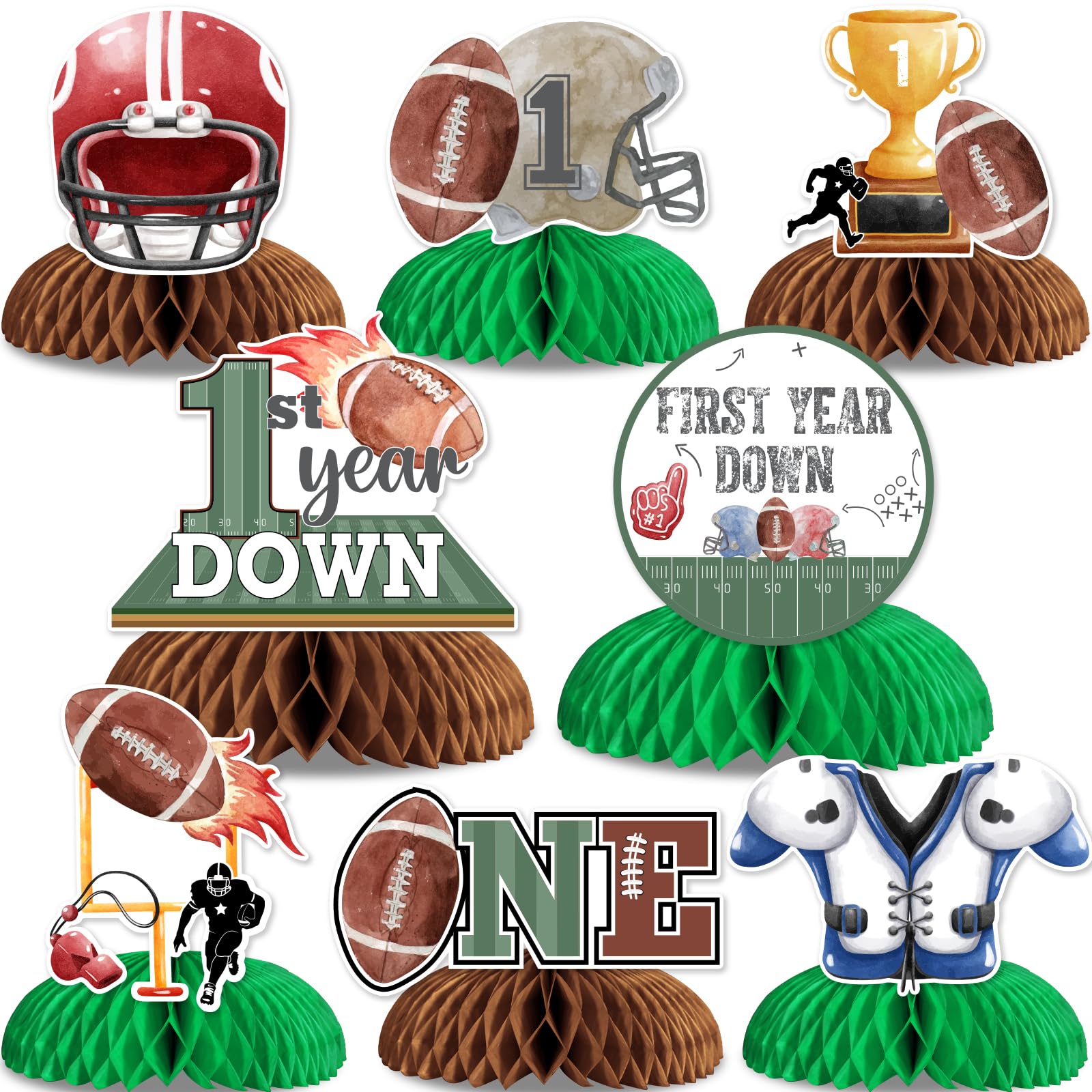 JOYMEMO 8 Pieces First Year Down Honeycomb Centerpieces Watercolor - Football 1st Birthday Decorations for Boys, Football Theme First Birthday Table