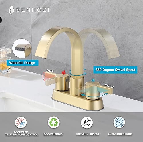 Miniatura 4 de SE-0048-BG - Grifo de lavabo de baño de 3 agujeros, oro cepillado, 2 manijas de 4 pulgadas, juego central de acero inoxidable con drenaje