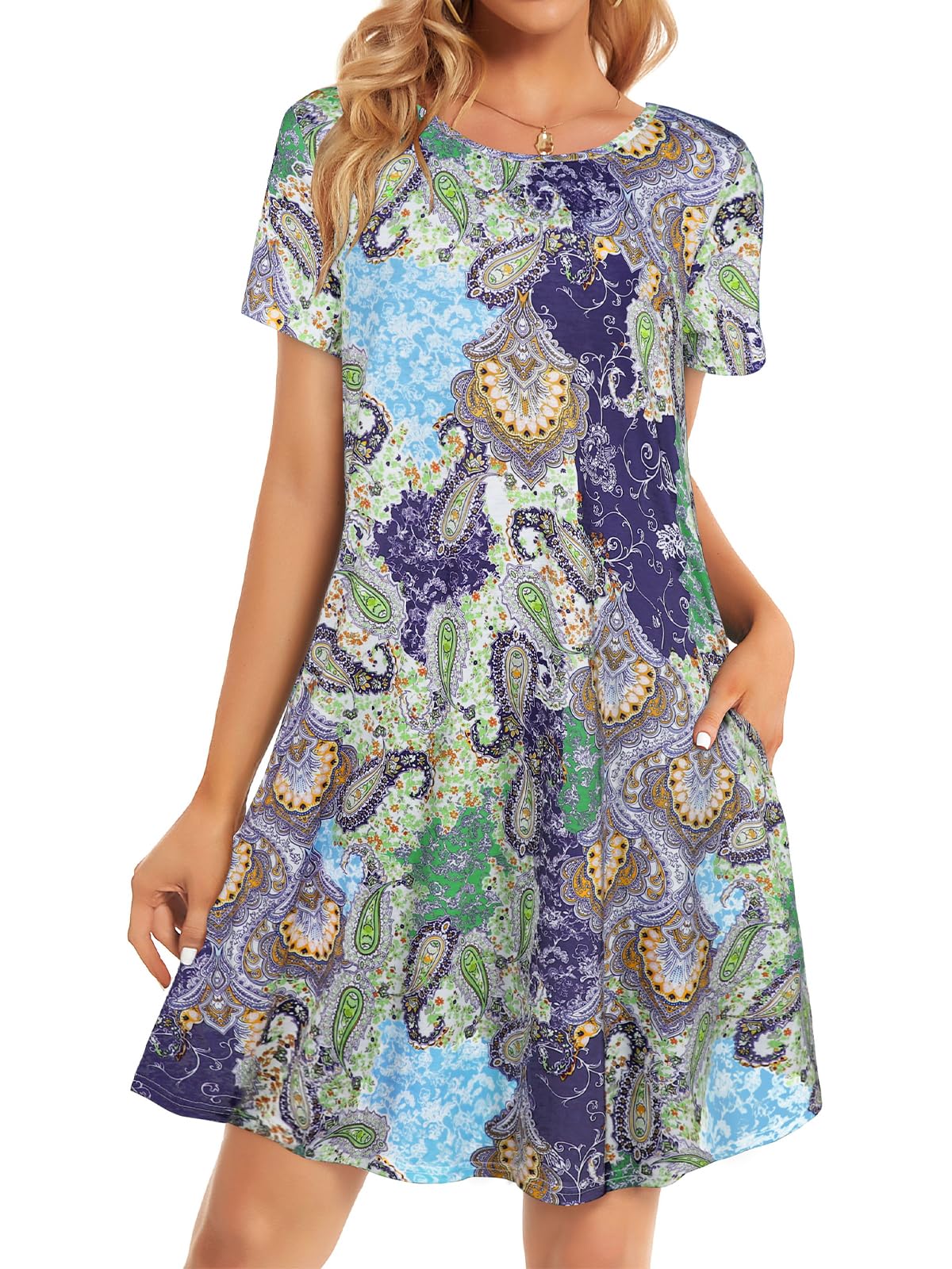 elescat Womens Summer Dresses Casual Loose Tshirt Floral Pockets Sundress | 2026 Boho Flowy Short Sleeve Dress, Two Hidden Pockets, Loose Beach Cover Up, Solid or Floral, Fashion Vacation Outfits