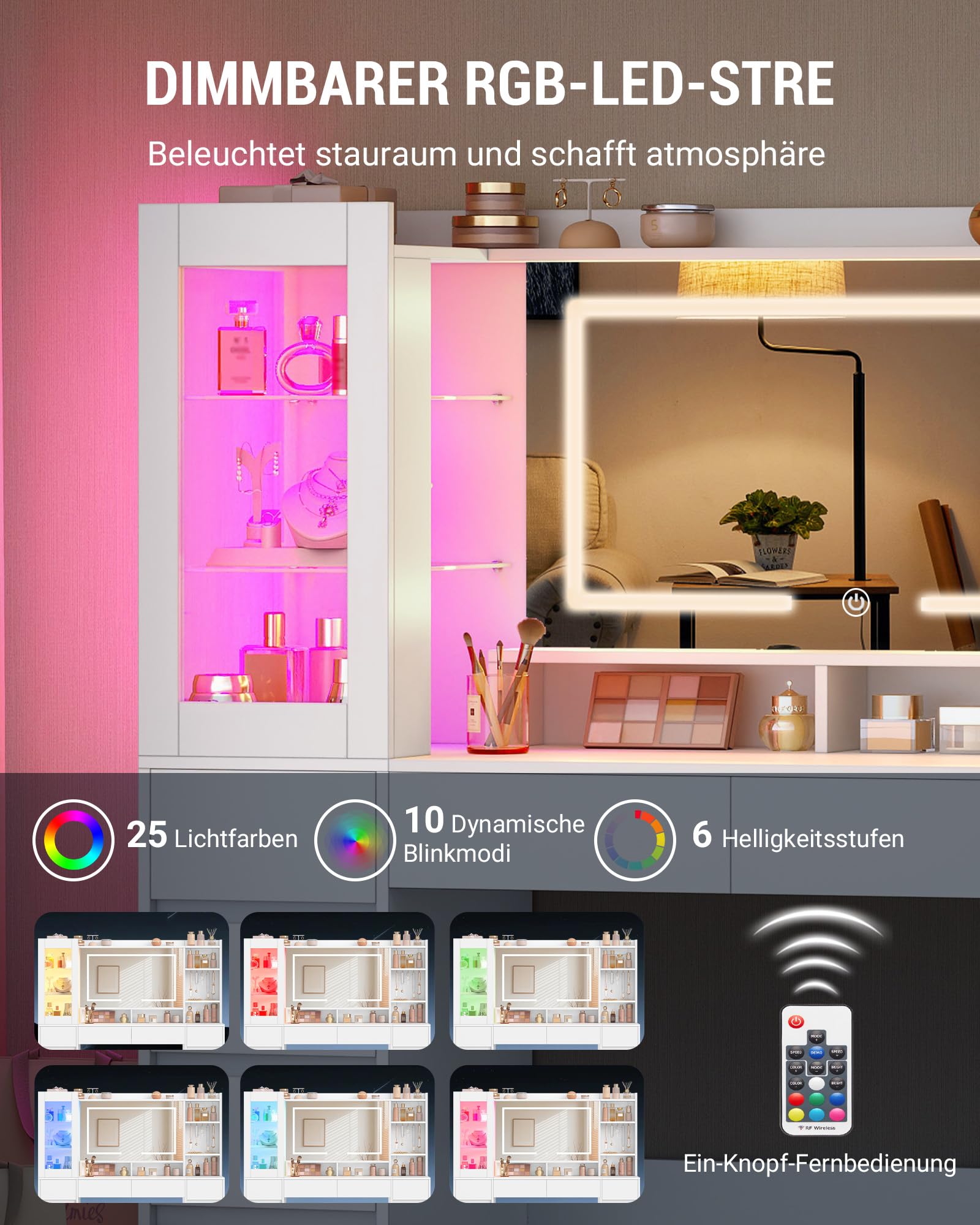 Hzuaneri 140 cm Große Schminktisch mit RGB-Beleuchtung, Schminktisch mit Große Spiegel, Schminktische mit 10 Schubladen und 9 Ablagefächern, Ideal für Schlafzimmer und Büro, Weiß, 1150003XEU