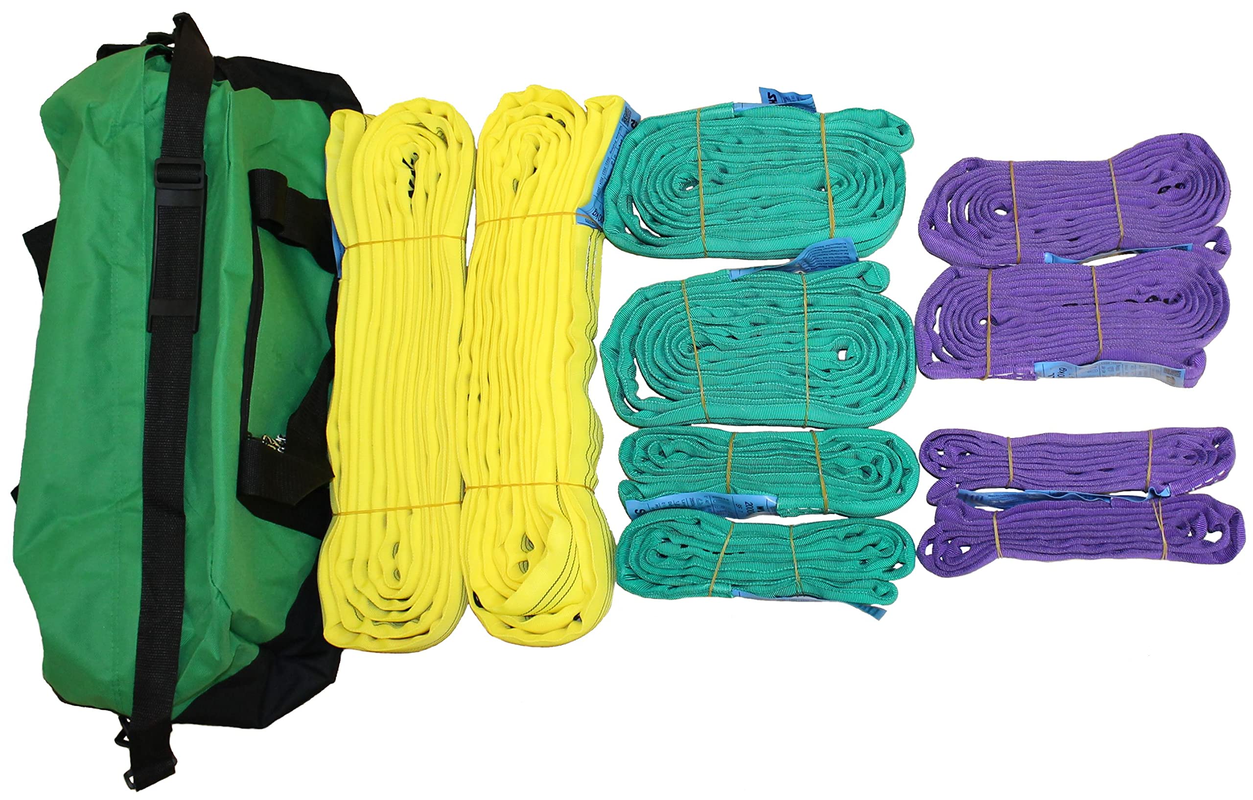 Rundschlingen Set 1t - 3t Tragfähigkeit, 11-teilig, 1000-3000 kg WLL, farbcodiert violett, grün, gelb