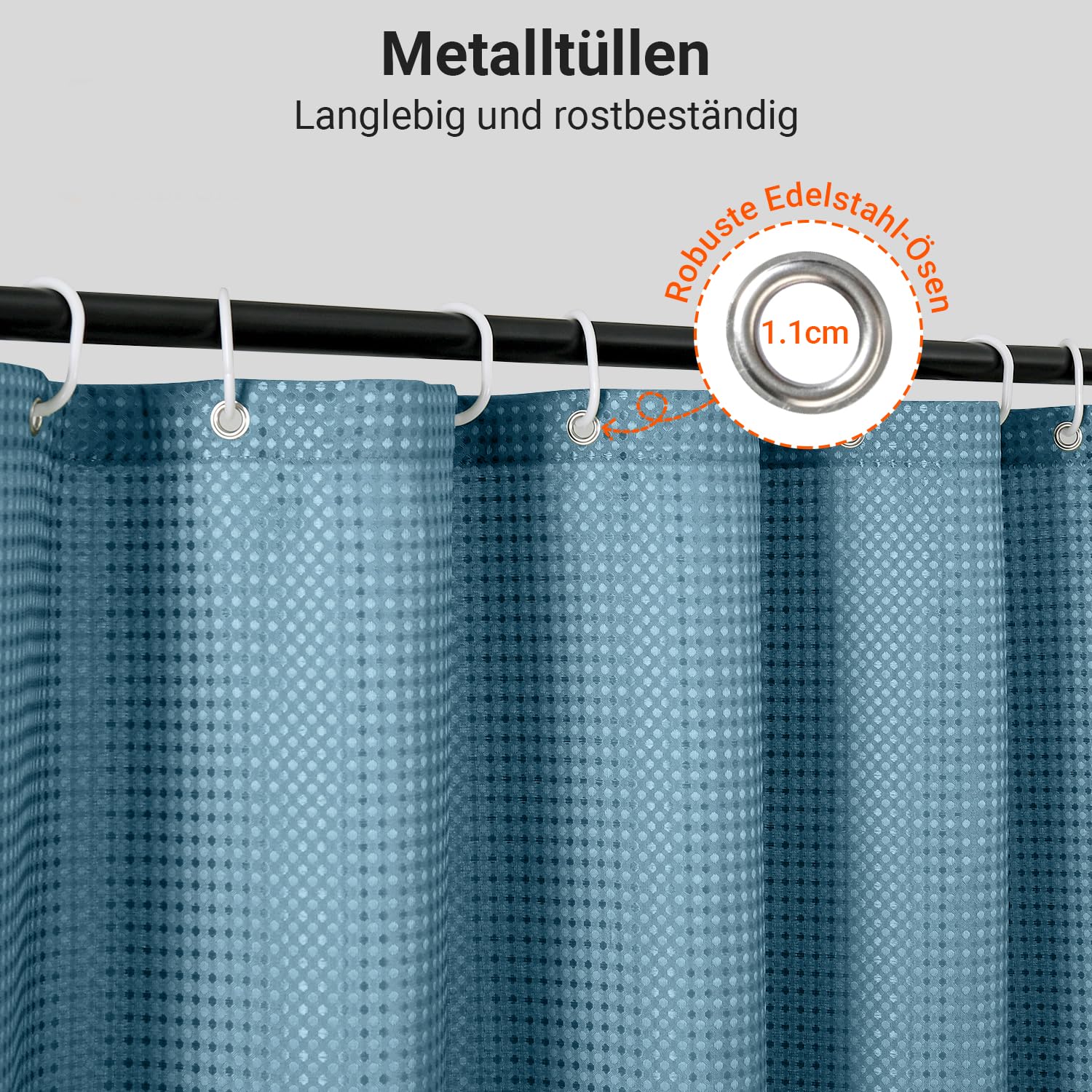 Lerores Duschvorhang 180x200 cm Waffel Mondblau, Beschwerter Saum Antischimmel Textil, Wasserabweisend, Waschbar Polyester Stoff Badevorhänge für Badezimmer, Badewanne mit 12 Duschvorhangringe