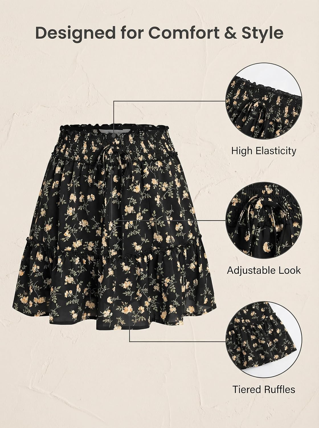 Women’s Mini Skirts Boho Floral High Waist Ruffle Tiered Chiffon Flowy A-Line Beach Casual Cute Short Skirt - Image 5