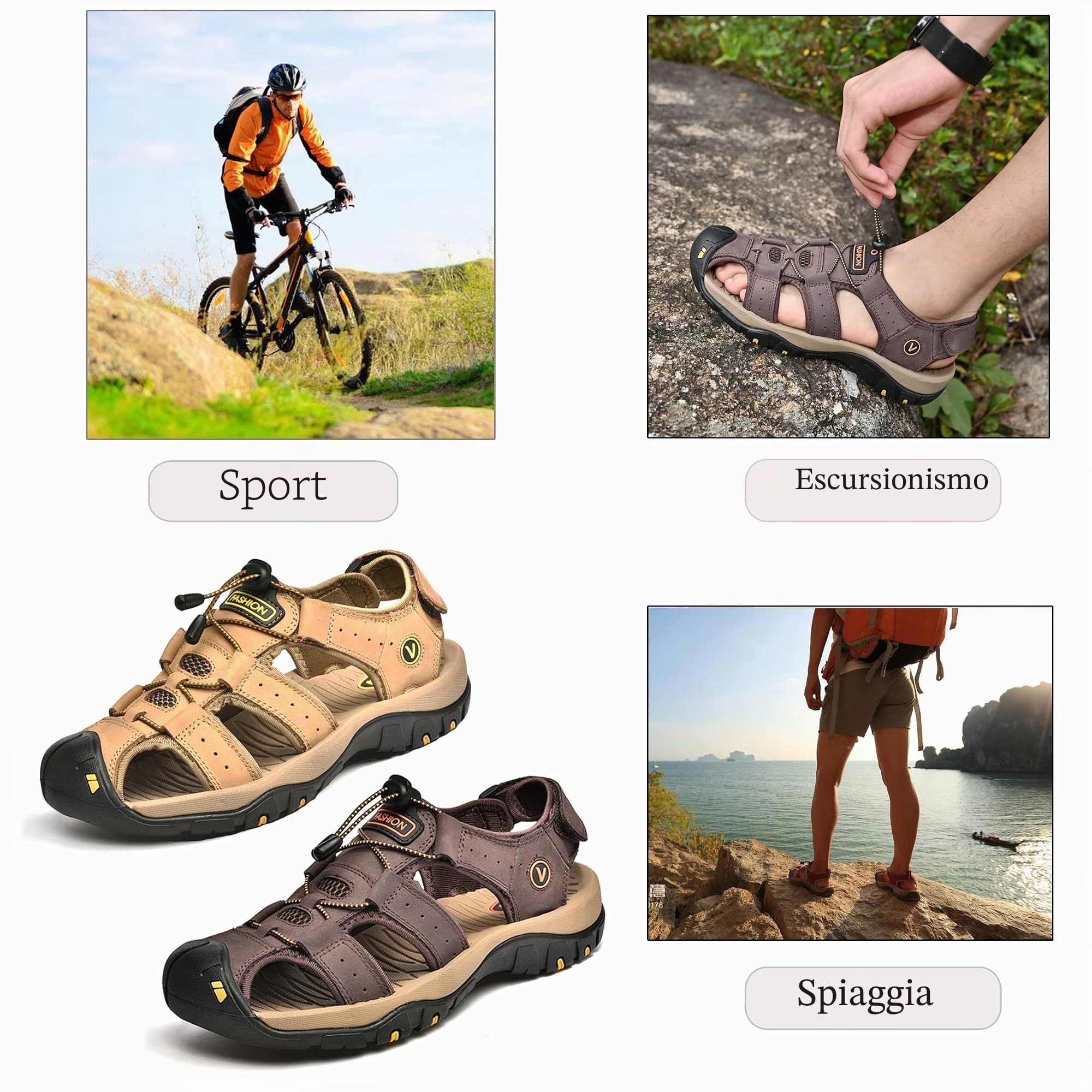 Sandali Sportivi Scarpe Estivi da Spiaggia per Uomo all'aperto Trekking Traspirante da Pescatore in Pelle Sandalo Acqua Marrone 42