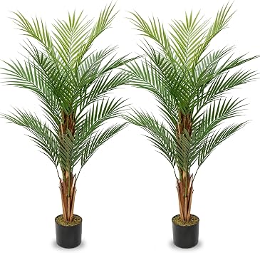 2 Set Artificial Palm Tree 4ft Tall with 19 Trunks Detachable Faux King Palm Tree Fake Plants in Pot for Indoor Home Office Living Room Floor Decor