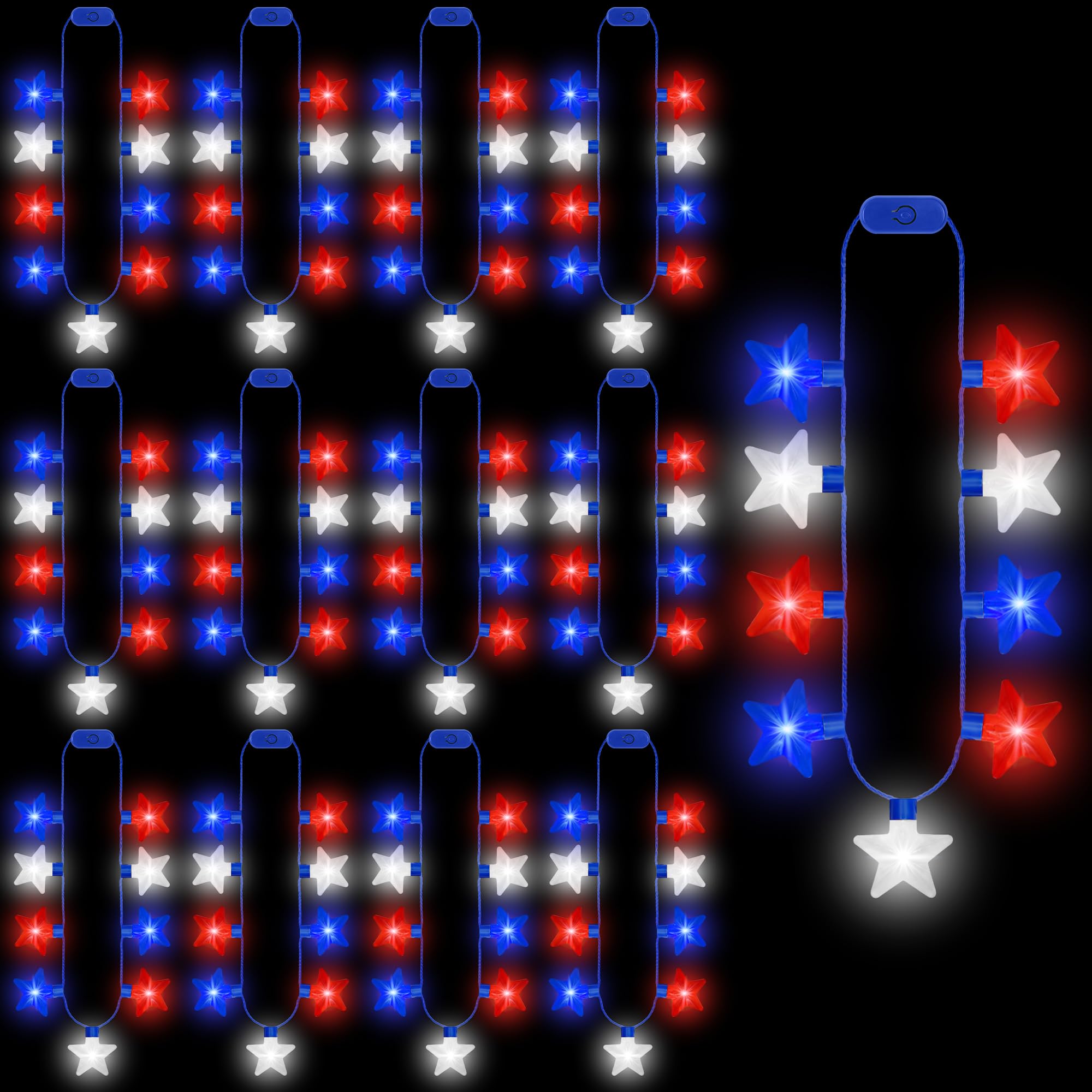 EOBOH 4th of July Light up Necklace, 12PCS Glow Independence Day Necklaces Party Favor, Red White Blue Patriotic Fourth of July 9 Bulbs Necklace, Glow Accessories for Memorial Day Veterans Parades