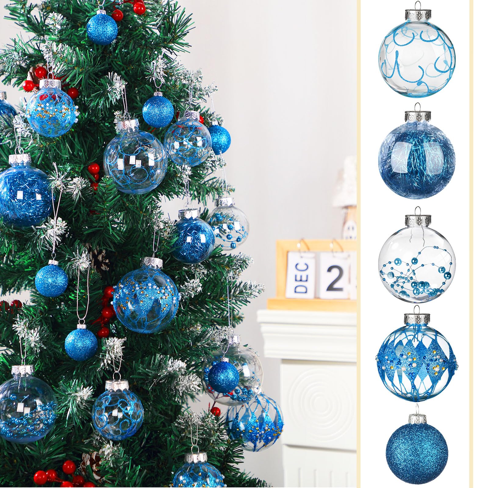 Outus 24 adornos de bolas de Navidad de 1.6/2.4/3.2 pulgadas, bolas transparentes con purpurina, decoraciones colgantes de plástico, inastillables, decoración de árbol de Navidad para Navidad,