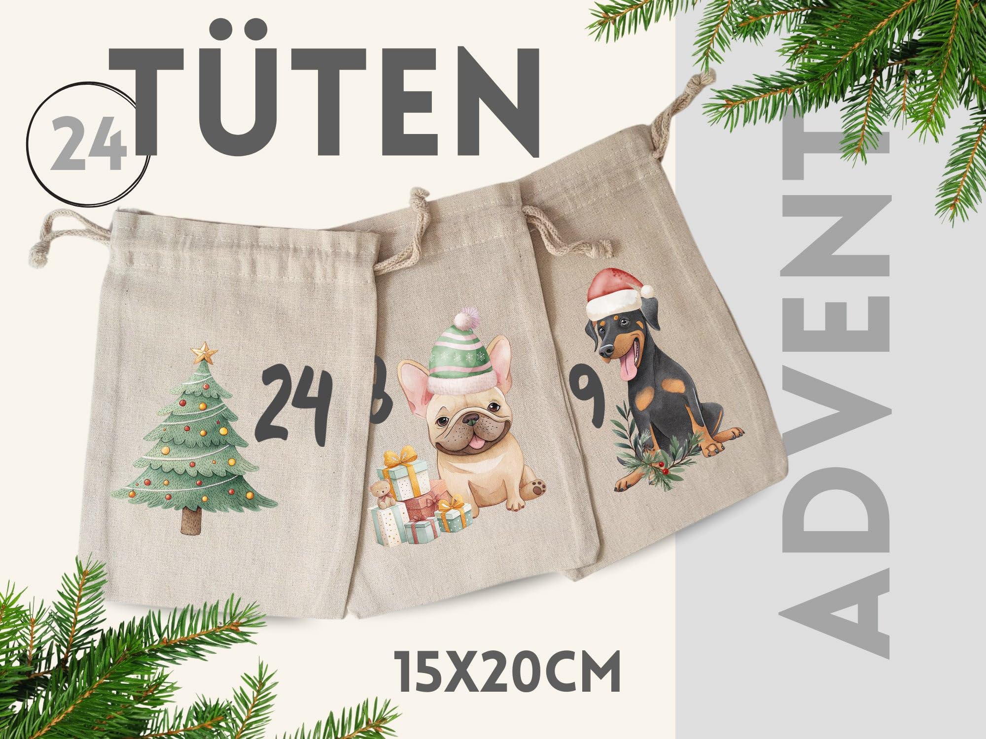GRAZDesign Hunde-Adventskalender – 24 Stoffbeutel 15 x 20 cm