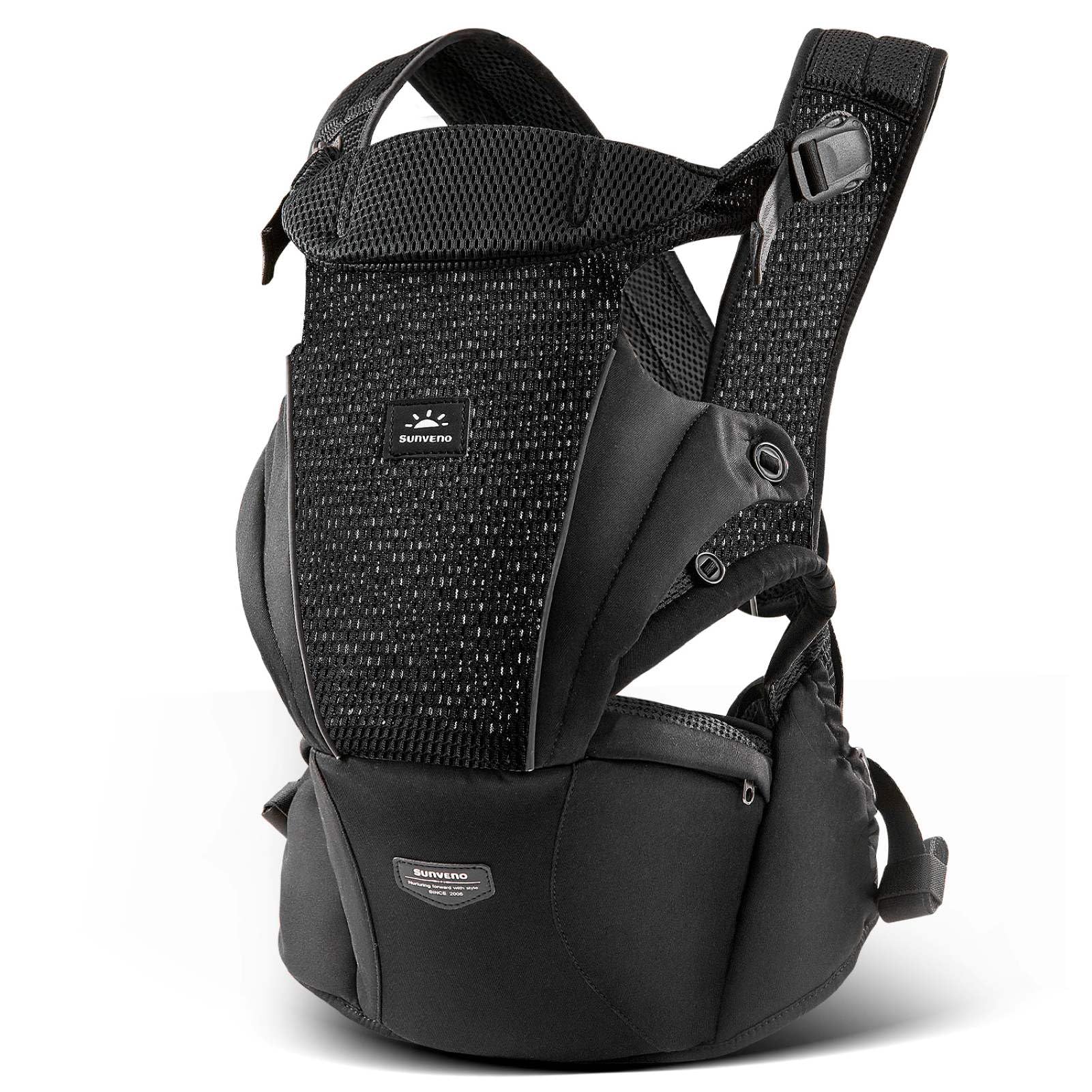 SUNVENO Babytrage mit Hüftsitz, Ergonomische Hüftsitz Babytrage für Neugeborene und Kleinkinder 3–20 kg, Atmungsaktives Mesh-Gewebe, Verstellbar, Front- und Rückentrageweise