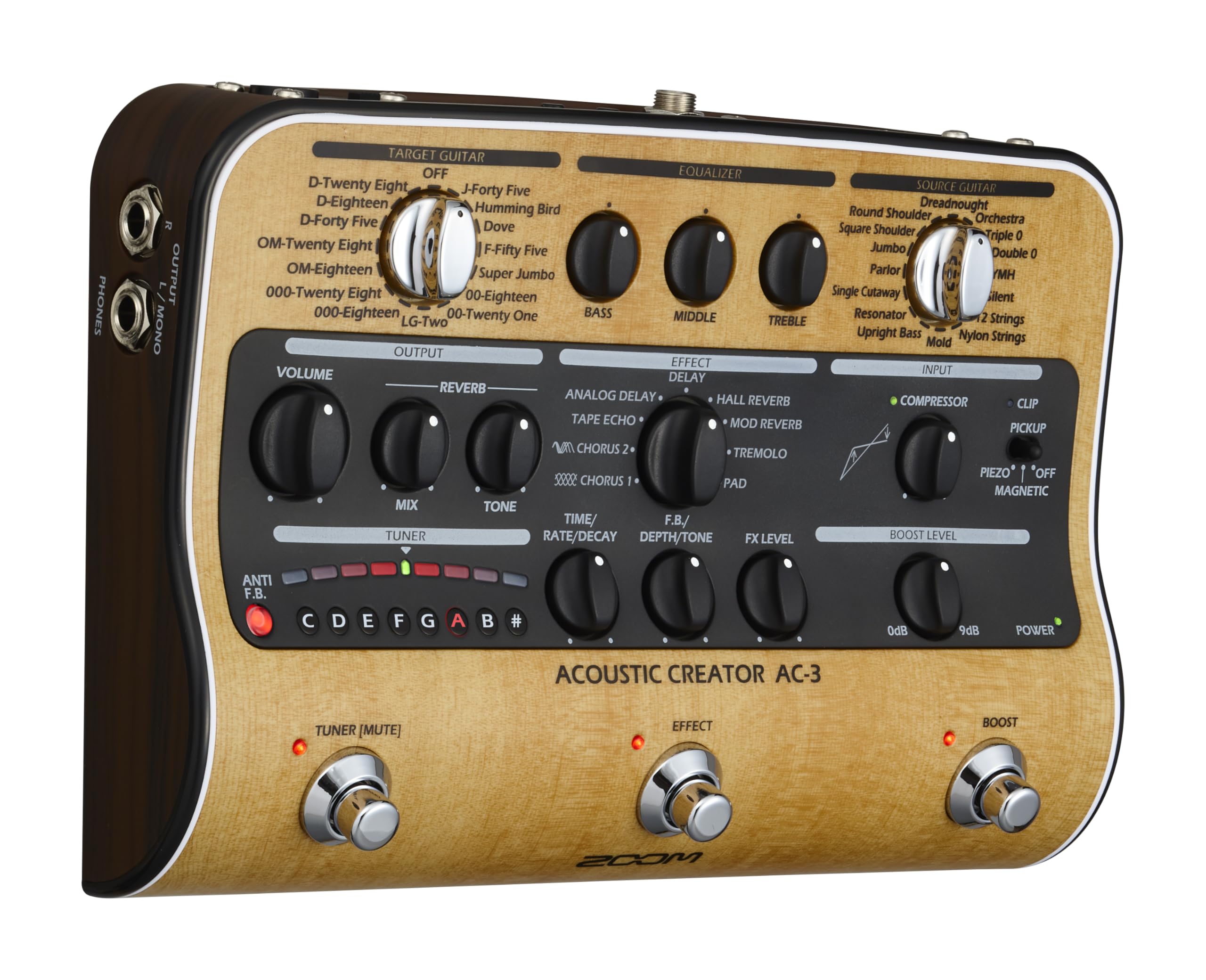 Zoom AC-3 Acoustic Creator, Acoustic DI with Tone Restoration, Acoustic Modeling, 9 effects, Compression, Tuner, Reverb, EQ, and Anti-Feedback
