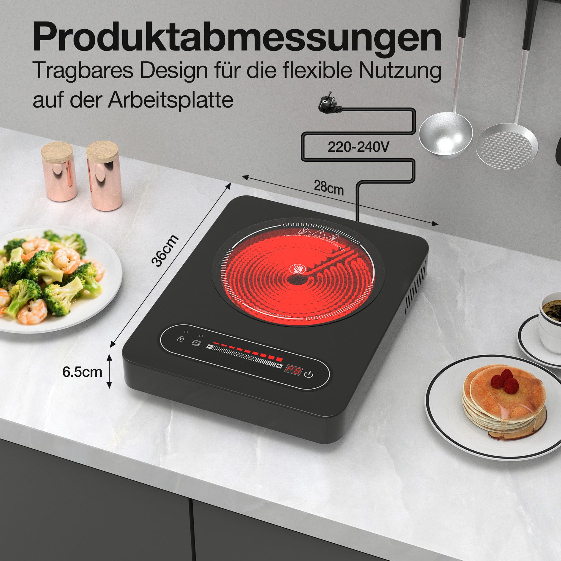 Glaskeramikkochfeld 1 Platte, 2000W Elektrische Einzelkochplatte 36 cm 220-240V mit Touch-Schieberegler, Kindersicherung & Timer - Tragbares Infrarotkochfeld für Wohnmobil, Zimmer, Singleküche
