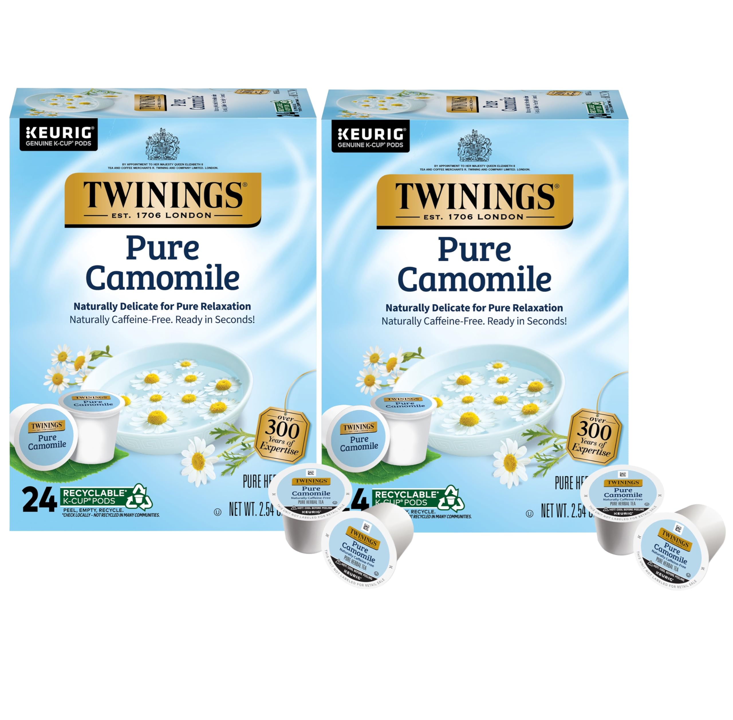Pure Camomile Herbal Tea K-Cup Pods for Keurig Brewers, 24 Count (Pack of 2) – Naturally Caffeine-Free, Made with 100% Camomile Blossoms – Relaxing Hot or Iced Herbal Tea